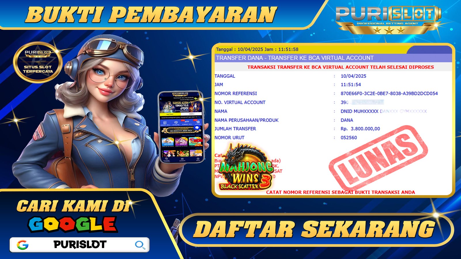 PURISLOT KEMENANGAN MEMBER SLOT GAMES MAHJONG WINS 3 Rp. 3.800.000,- LUNAS