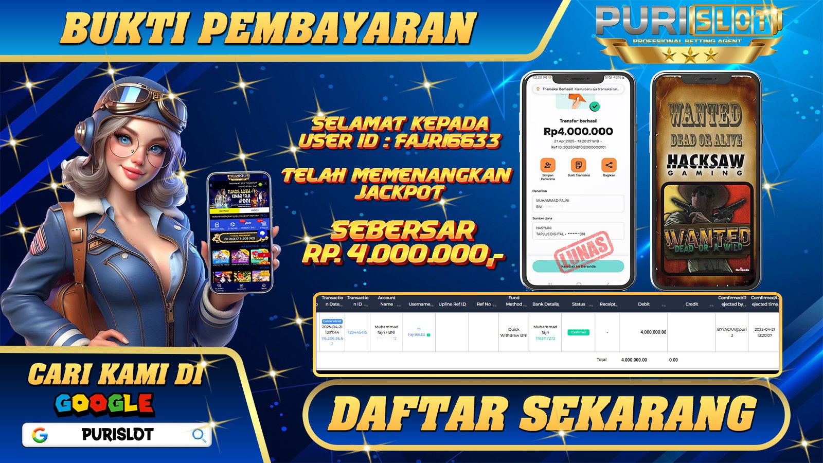 PURISLOT KEMENANGAN MEMBER SLOT GAMES WANTED DEAD OR ALIVE ( HACKSAW GAMING ) Rp. 4.000.000, - LUNAS