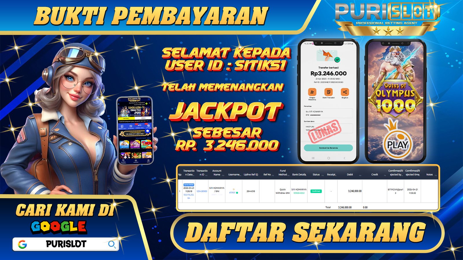 PURISLOT KEMENANGAN MEMBER SLOT GAMES GATES OF OLYMPUS 1000 Rp. 3.246.000, - LUNAS