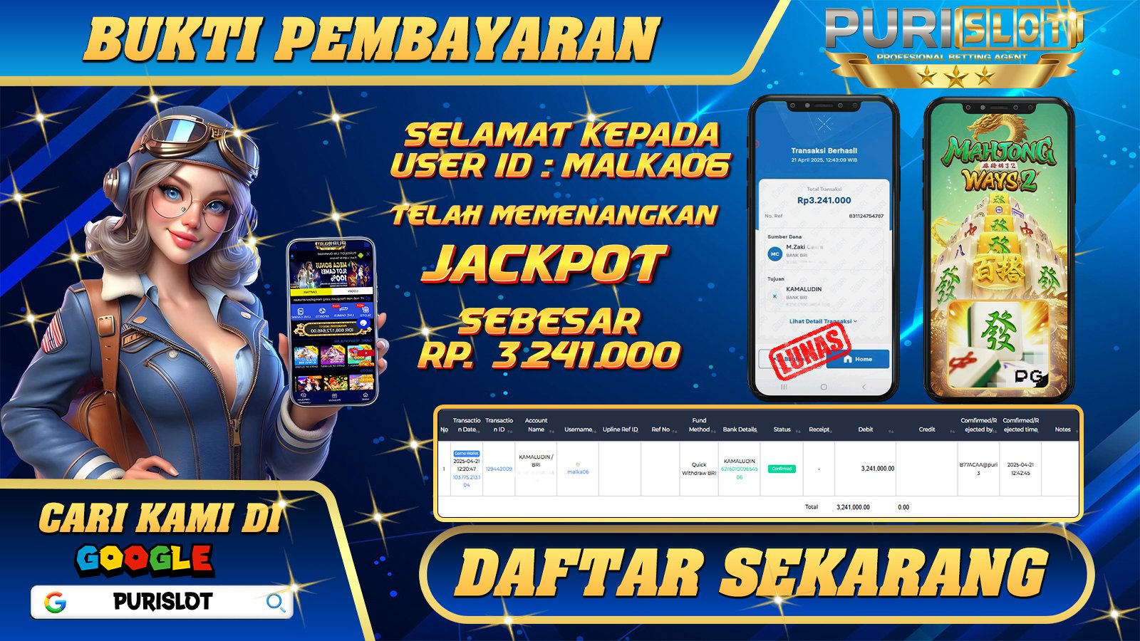 PURISLOT KEMENANGAN MEMBER SLOT GAMES MAHJONG WAYS 2 PGSOFT Rp. 3.241.000, - LUNAS