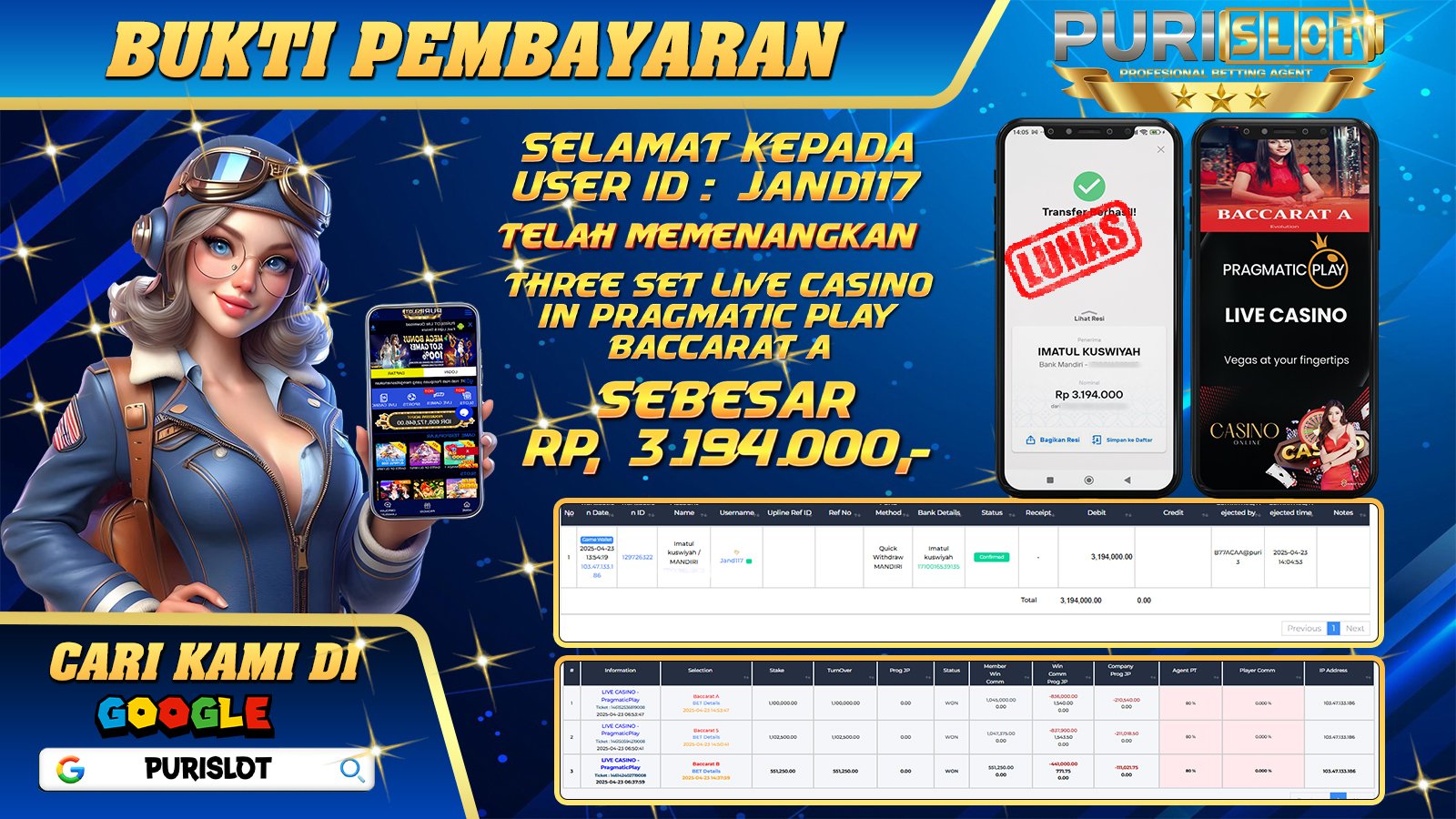 URISLOT KEMENANGAN MEMBER GAMES LIVE CASINO PRAGMATIC PLAY BACCARAT A Rp.3.194.000, - LUNAS