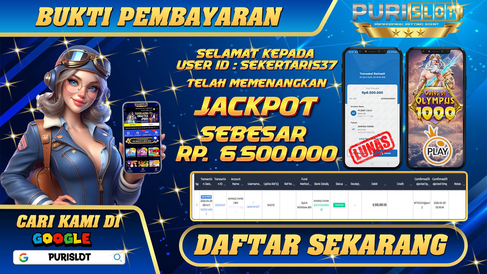 PURISLOT KEMENANGAN MEMBER GAMES SLOT GATES OF OLYMPUS 1000 PRAGMATIC PLAY Rp. 6.500.000, - LUNAS