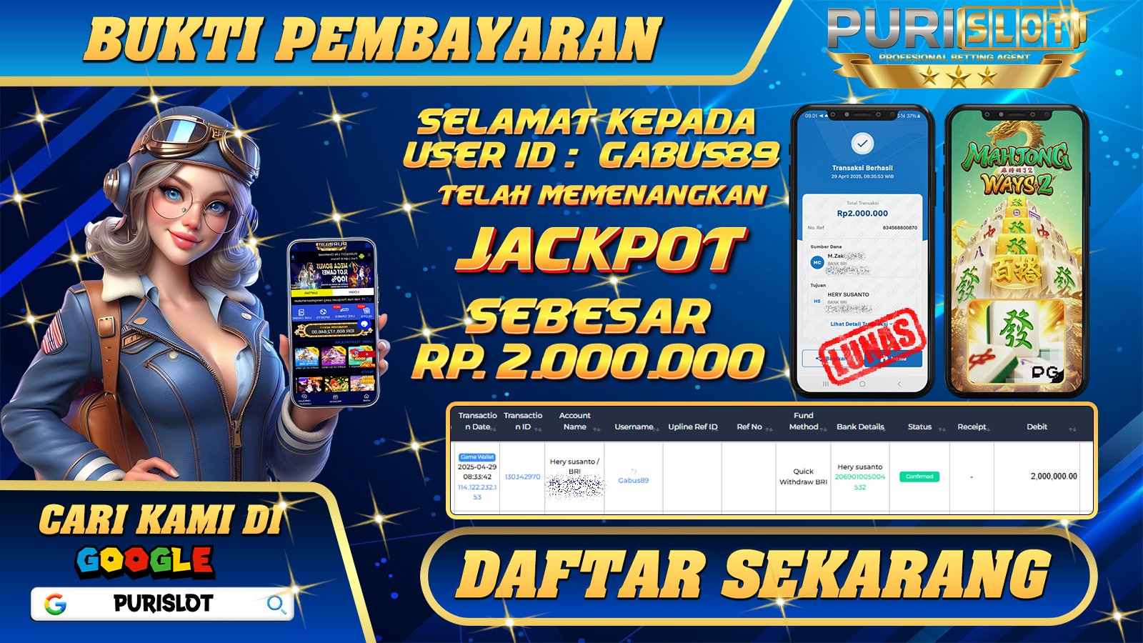 PURISLOT KEMENANGAN MEMBER GAMES SLOT MAHJONG WAYS 2 PGSOFT Rp. 2.000.000, - LUNAS