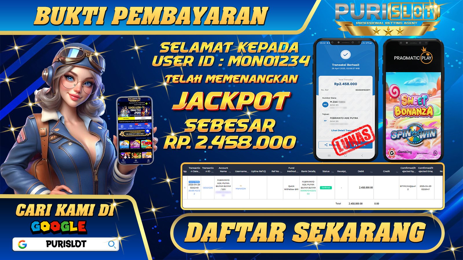 PURISLOT KEMENANGAN MEMBER GAMES SLOT SWEET BONANZA 1000 PRAGMATIC PLAY Rp. 2.458.000, - LUNAS