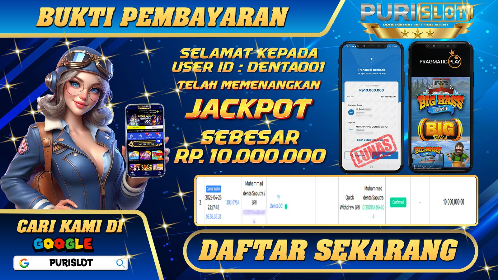 PURISLOT KEMENANGAN MEMBER GAMES SLOT BIG BASS CRASH PRAGMATIC PLAY Rp. 10.000.000, - LUNAS
