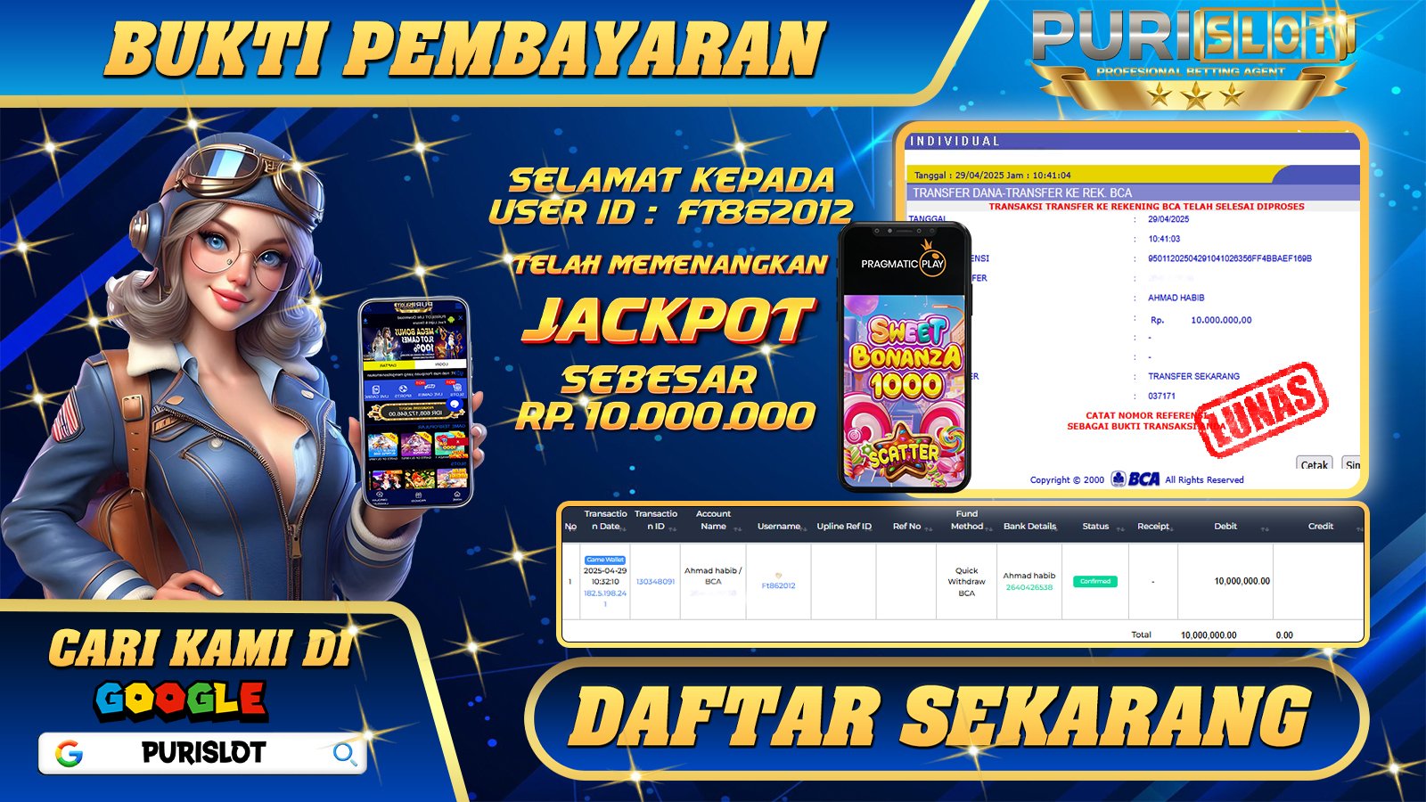 PURISLOT KEMENANGAN MEMBER GAMES SLOT SWEET BONANZA 1000 Rp. 10.000.000, - LUNAS