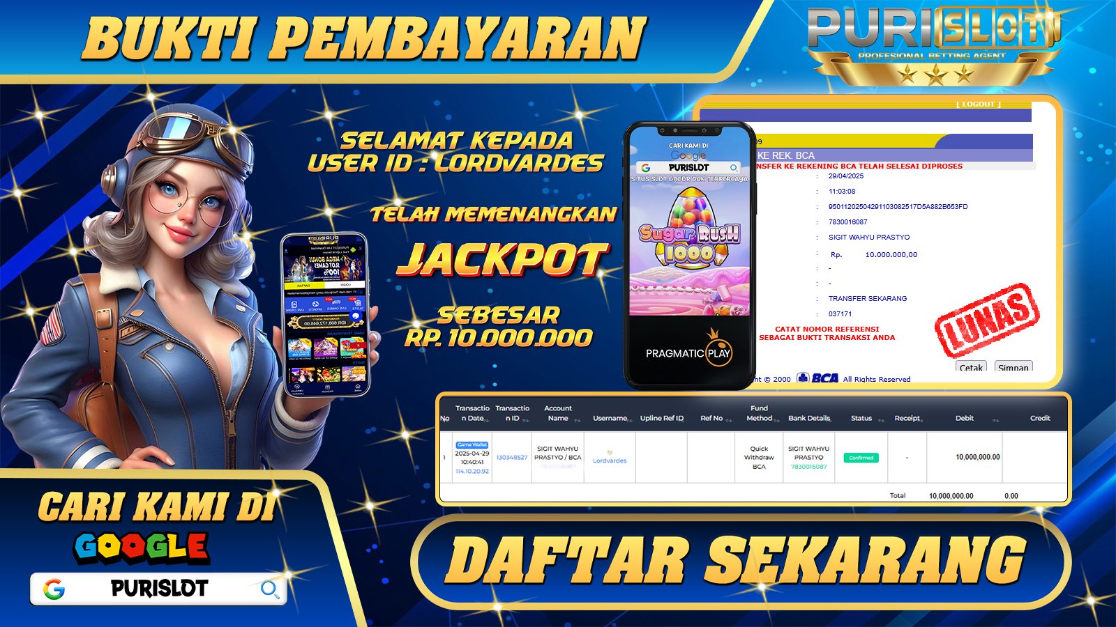 PURISLOT KEMENANGAN MEMBER GAMES SLOT SUGAR RUSH PRAGMATIC PLAY Rp. 10.000.000, - LUNAS
