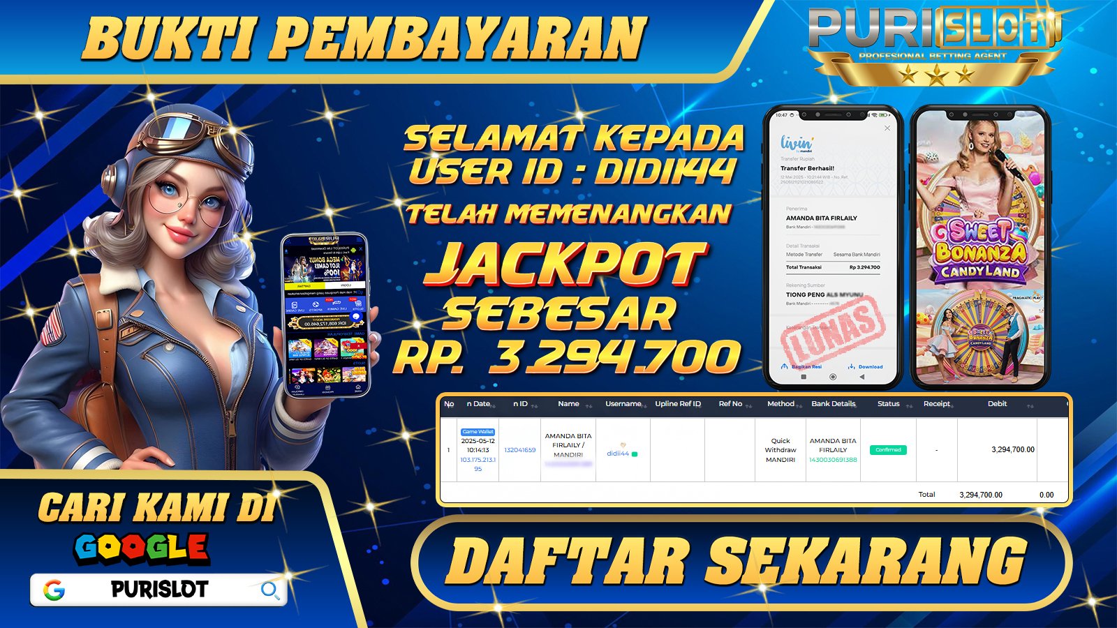 PURISLOT KEMENANGAN MEMBER GAMES SWEET BONANZA CANDYLAND CASINO PRAGMATIC PLAY Rp. 3.294.700, - LUNAS