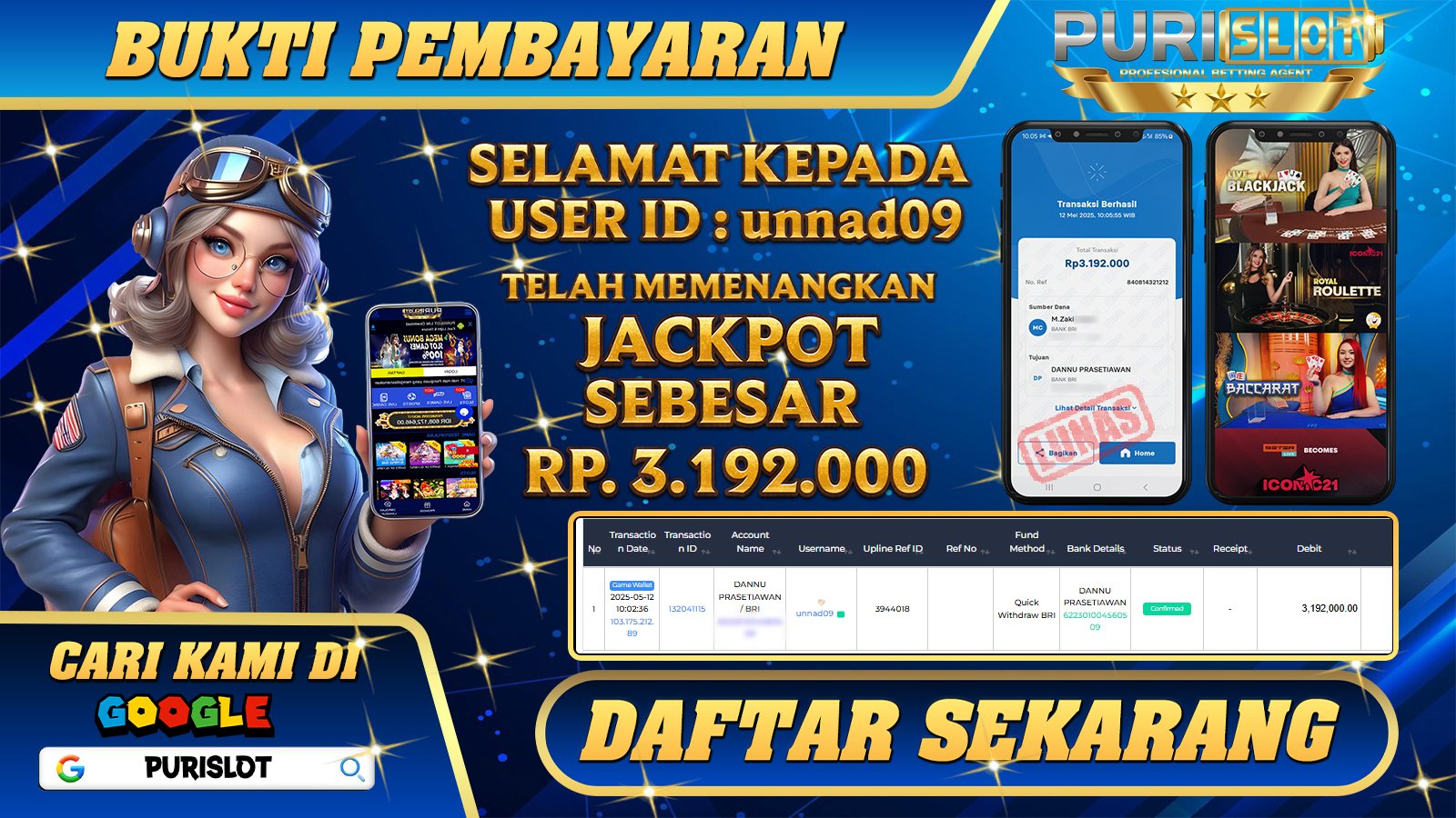 PURISLOT KEMENANGAN MEMBER GAMES CASINO ONLINE BACCARAT PRAGMATIC PLAY Rp. 3.192.000, - LUNAS
