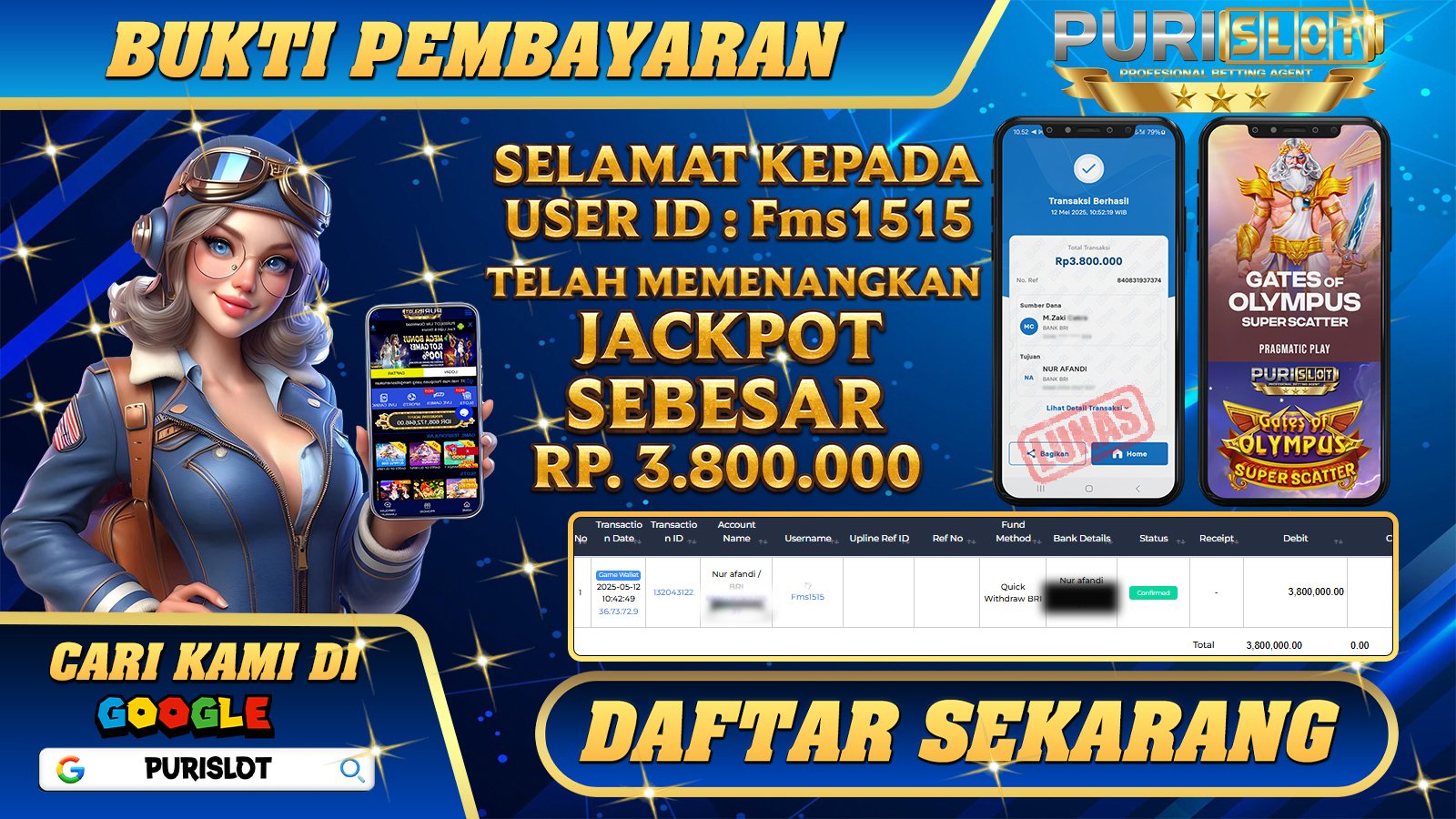 PURISLOT KEMENANGAN MEMBER GAMES SLOT GATES OF OLYMPUS SUPER SCATTER PRAGMATIC PLAY  Rp. 3.800.000, - LUNAS