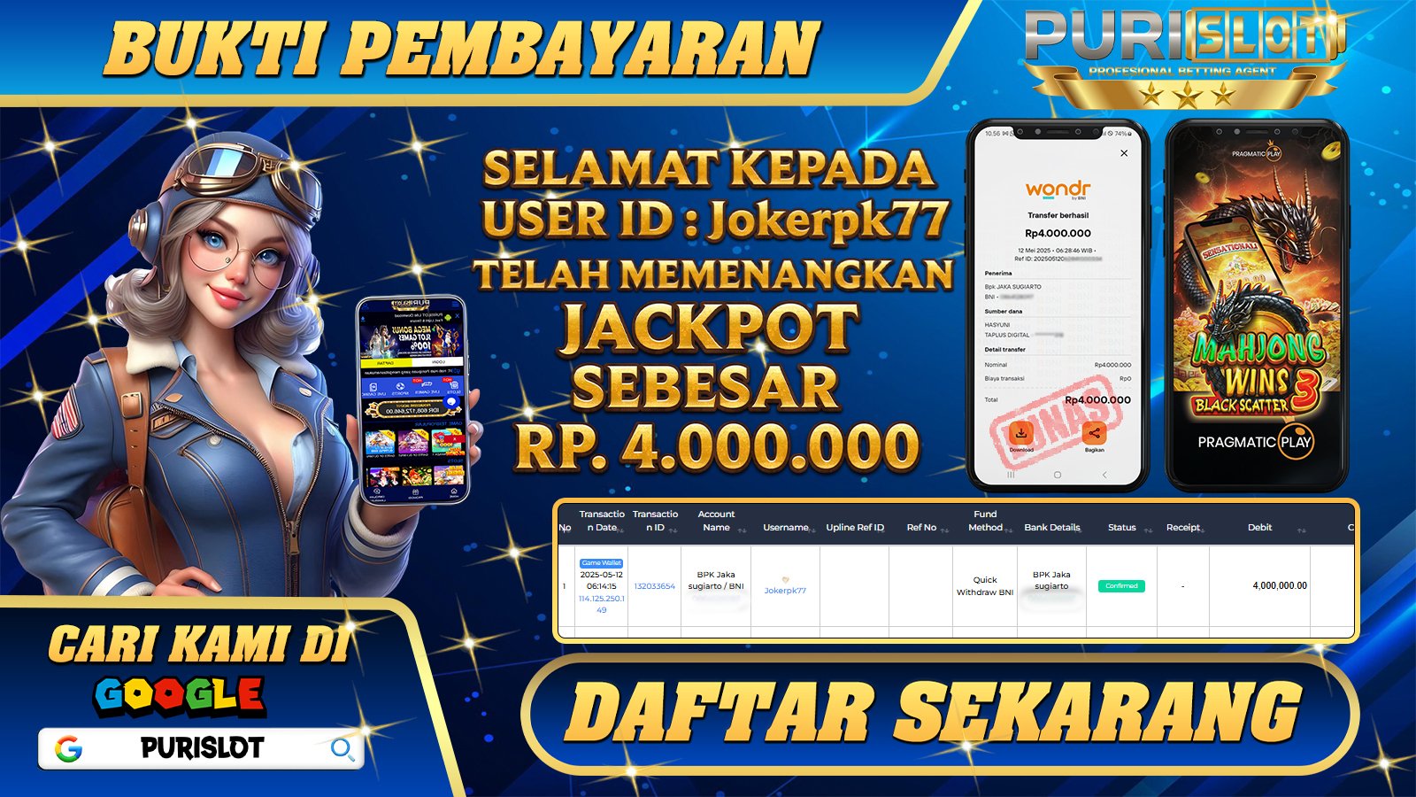 PURISLOT KEMENANGAN MEMBER GAMES SLOT MAHJONG WINS3 BLACK SCATTER PRAGMATIC PLAY  Rp. 4.000.000, - LUNAS