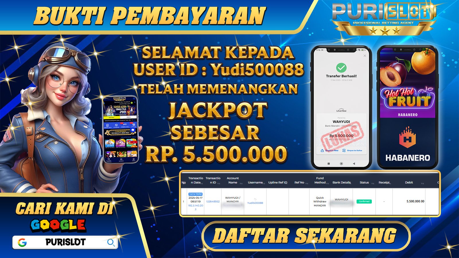 PURISLOT KEMENANGAN MEMBER GAMES SLOT HOT HOT FRUIT HABANERO Rp. 5.500.000, - LUNAS