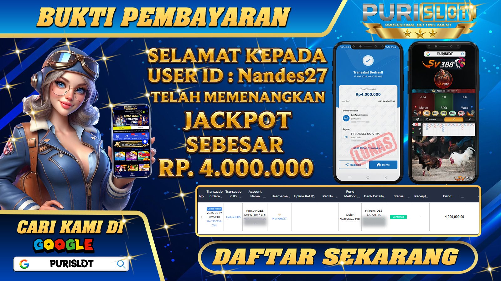 PURISLOT KEMENANGAN MEMBER GAMES SV388 COCK FIGHT Rp. 4.000.000, - LUNAS