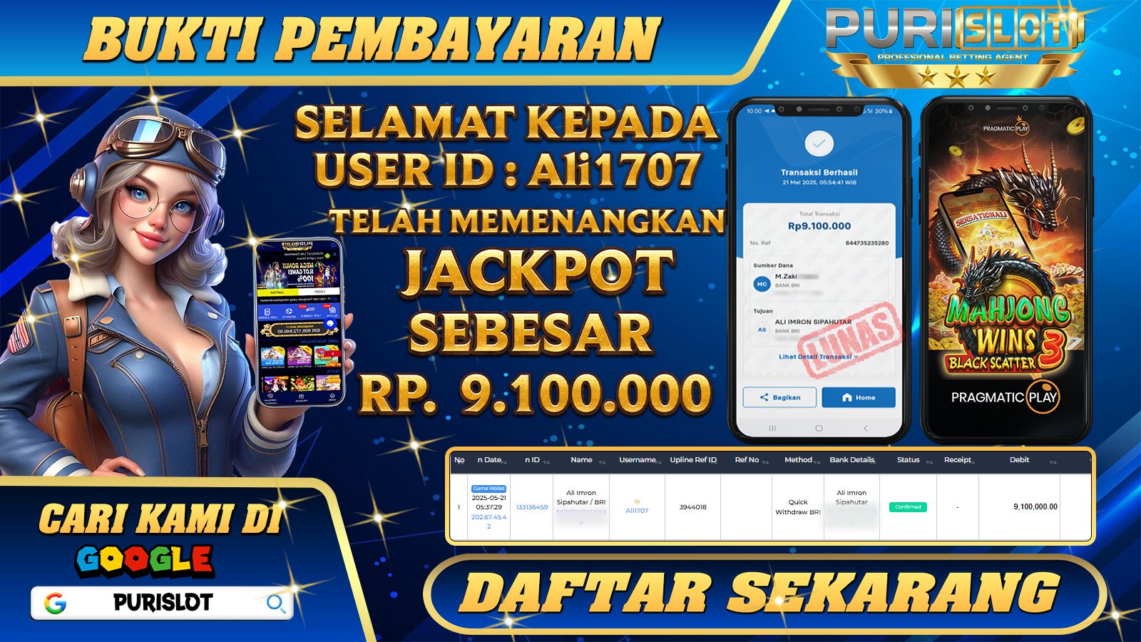 PURISLOT KEMENANGAN MEMBER GAMES SLOT MAHJONG WINS3 SCATTER HITAM Rp. 9.100.000, - LUNAS