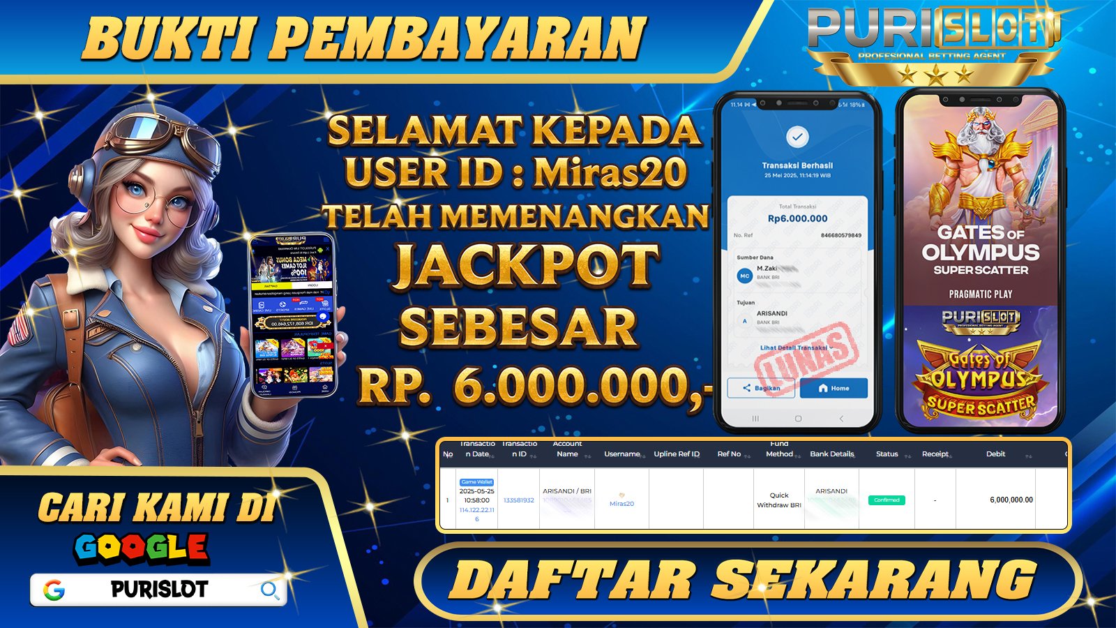 PURISLOT KEMENANGAN MEMBER GAMES SLOT GATES OF OLYMPUS SUPER SCATTER PRAGMATIC PLAY Rp. 6.000.000, - LUNAS
