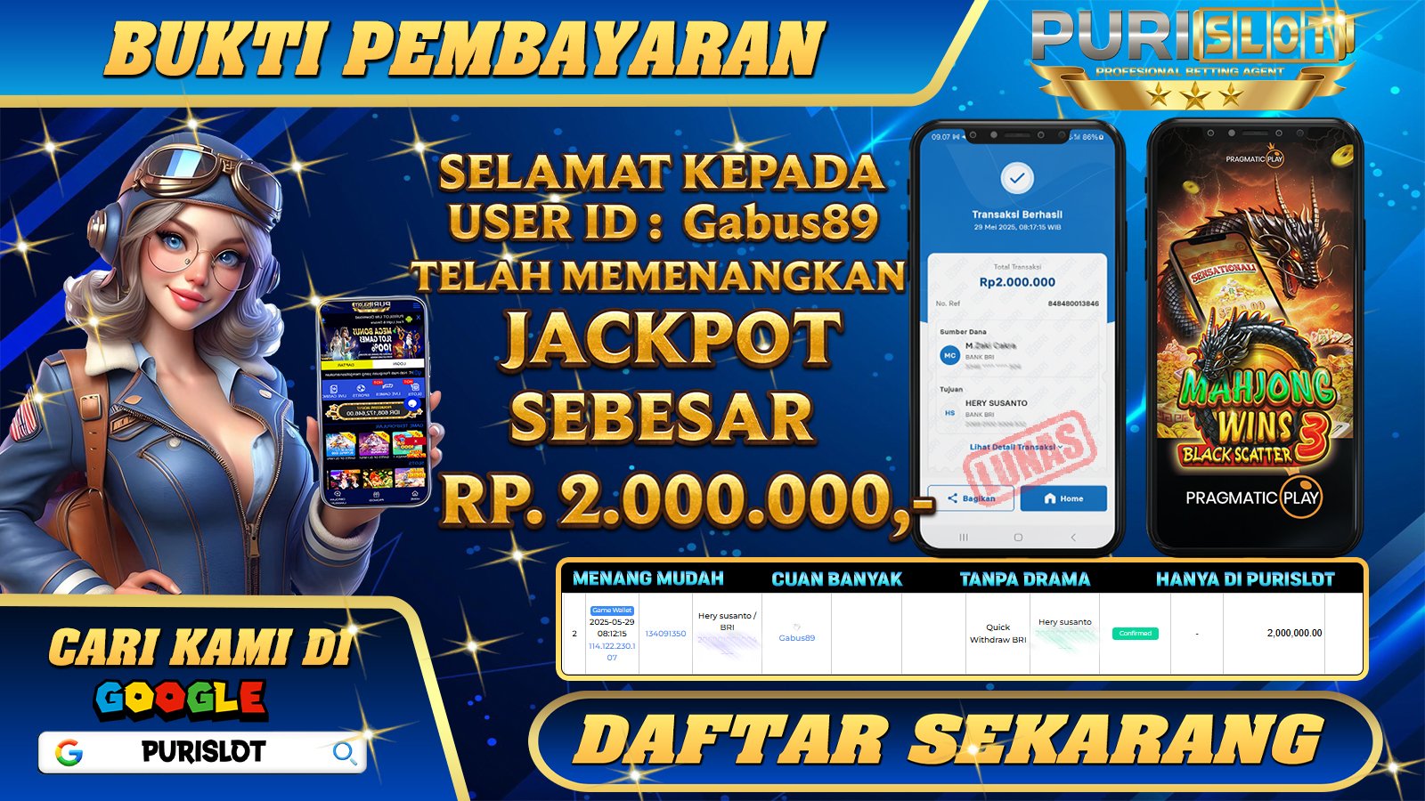 PURISLOT KEMENANGAN MEMBER GAMES SLOT MAHJONG WINS 3 BLACK SCATTER PRAGMATIC PLAY Rp. 2.000.000, - LUNAS