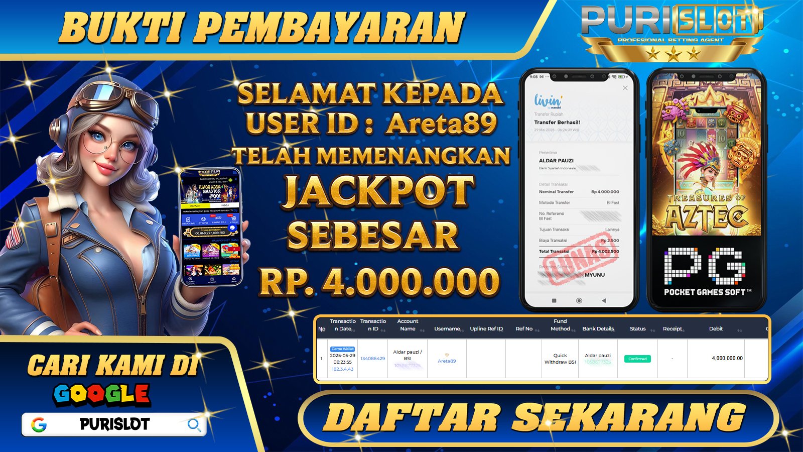 PURISLOT KEMENANGAN MEMBER GAMES SLOT TREASURE OF AZTEC PGSOFT Rp. 4.000.000, - LUNAS