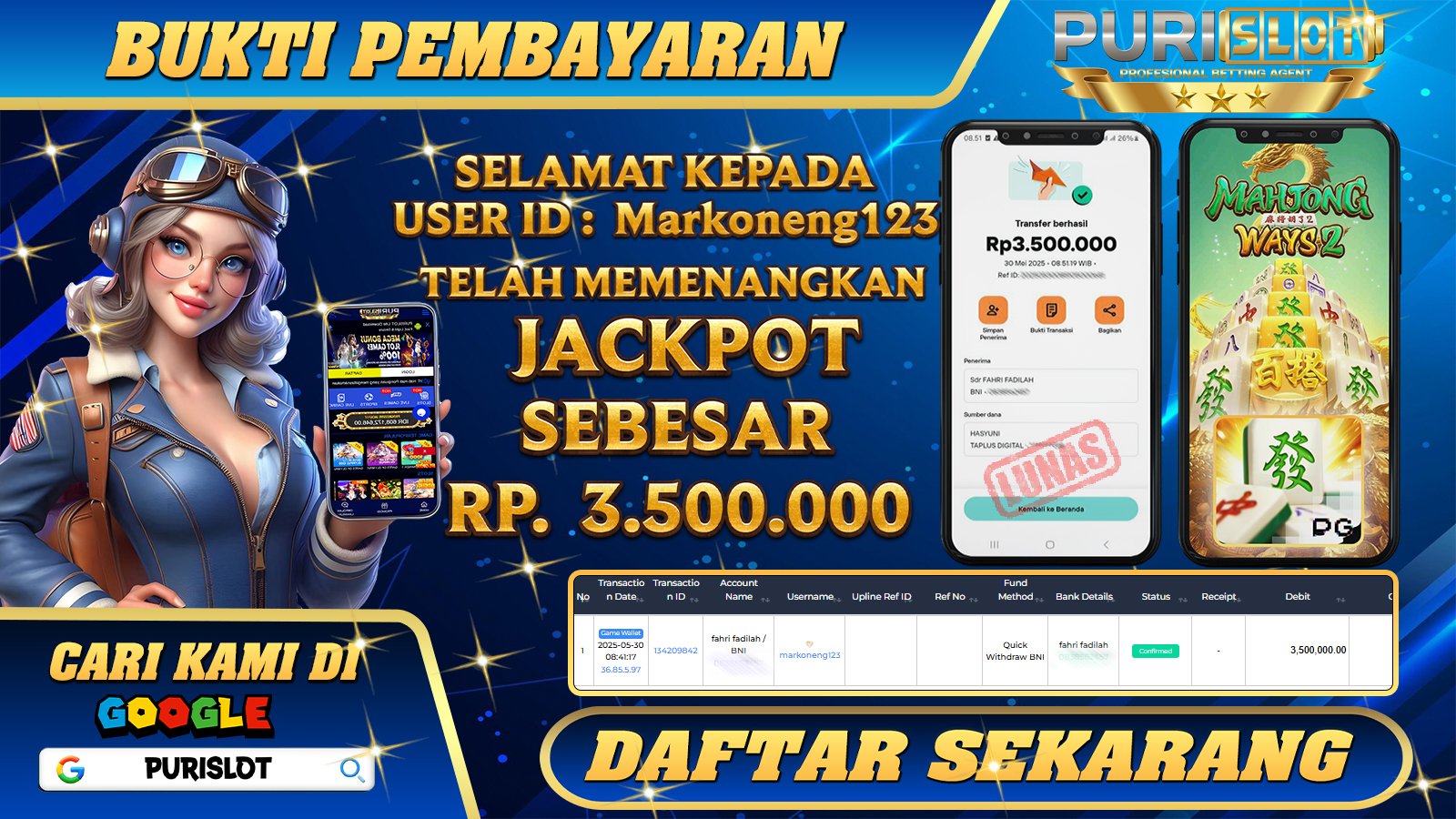 PURISLOT KEMENANGAN MEMBER GAMES SLOT MAHJONG WAYS 2 PGSOFT Rp. 3.500.000, - LUNAS