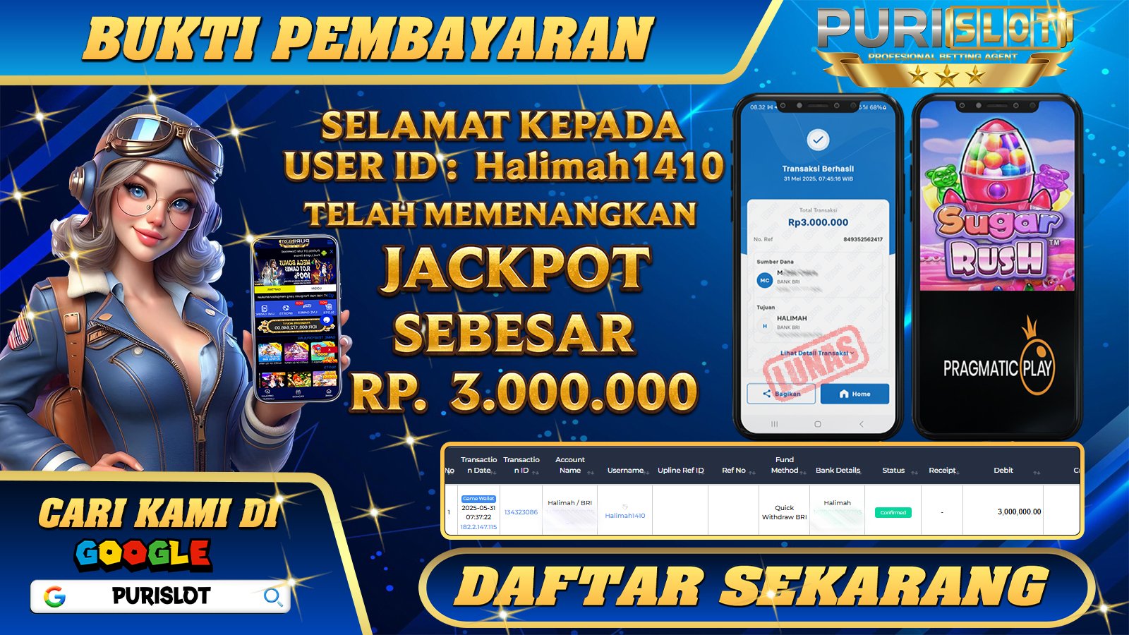 PURISLOT KEMENANGAN MEMBER GAMES SLOT SUGAR RUSH 1000 PRAGMATIC PLAY Rp. 3.000.000, - LUNAS