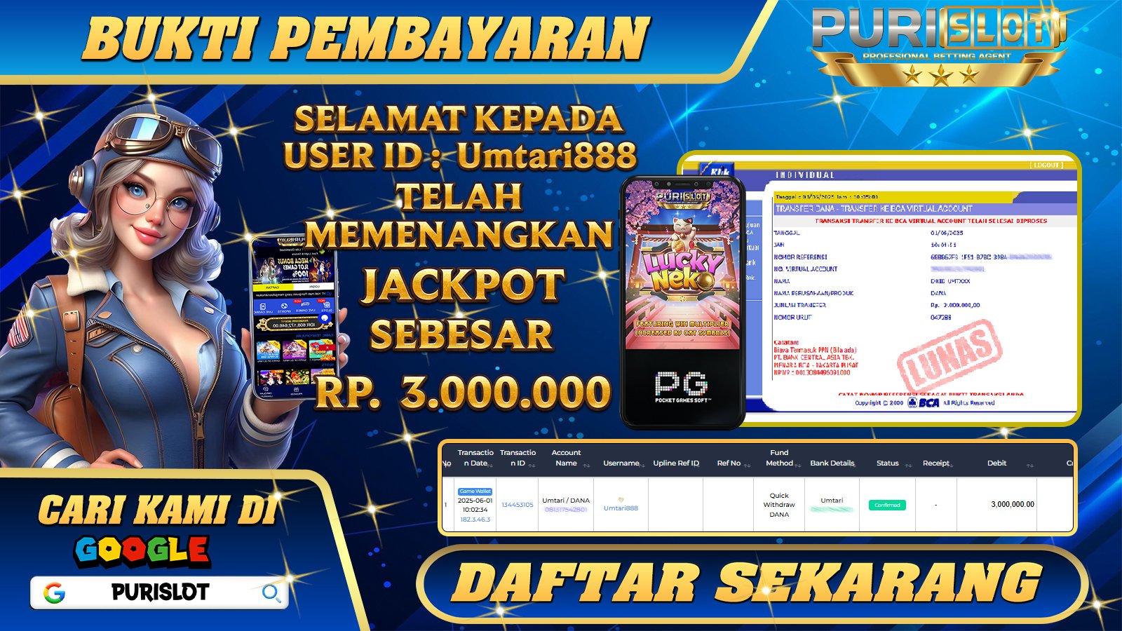 PURISLOT KEMENANGAN MEMBER GAMES SLOT LUCKY NEKO PGSFOT Rp. 3.000.000, - LUNAS