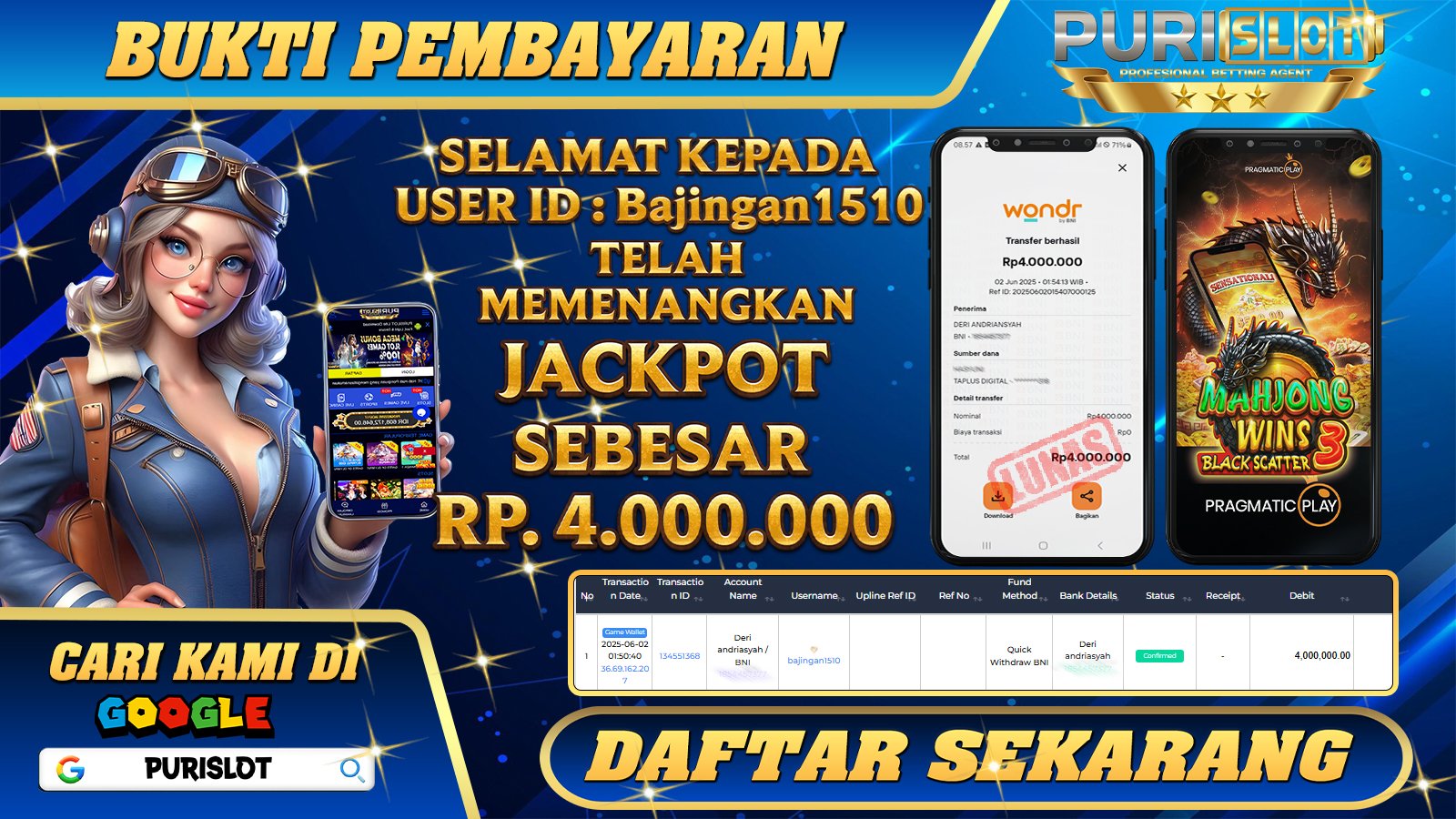 PURISLOT KEMENANGAN MEMBER GAMES SLOT MAHJONG WINS 2 SCATTER HITAM Rp. 4.000.000, - LUNAS