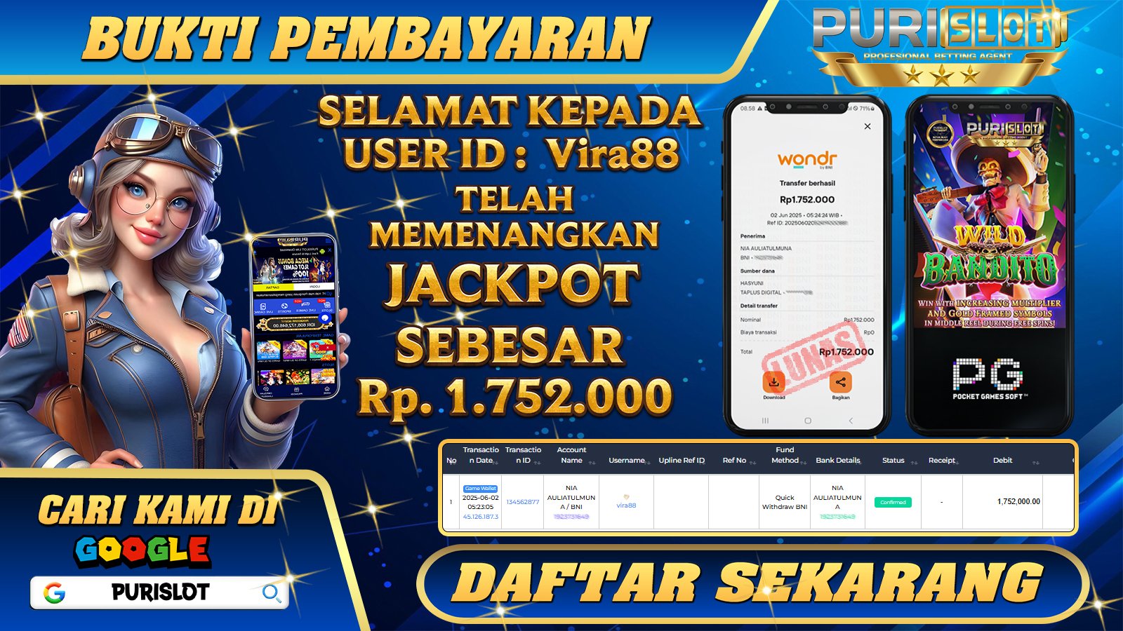 PURISLOT KEMENANGAN MEMBER GAMES SLOT WILD BANDITO PGSOFT Rp. 1.752.000, - LUNAS