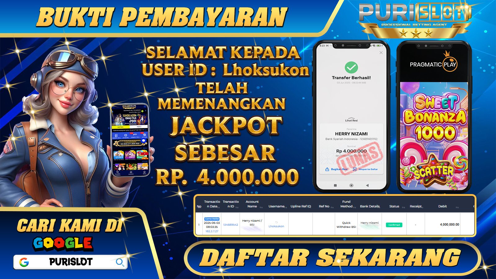 PURISLOT KEMENANGAN MEMBER GAMES SLOT SWEET BONANZA 1000 PRAGMATIC PLAY Rp. 4.000.000, - LUNAS