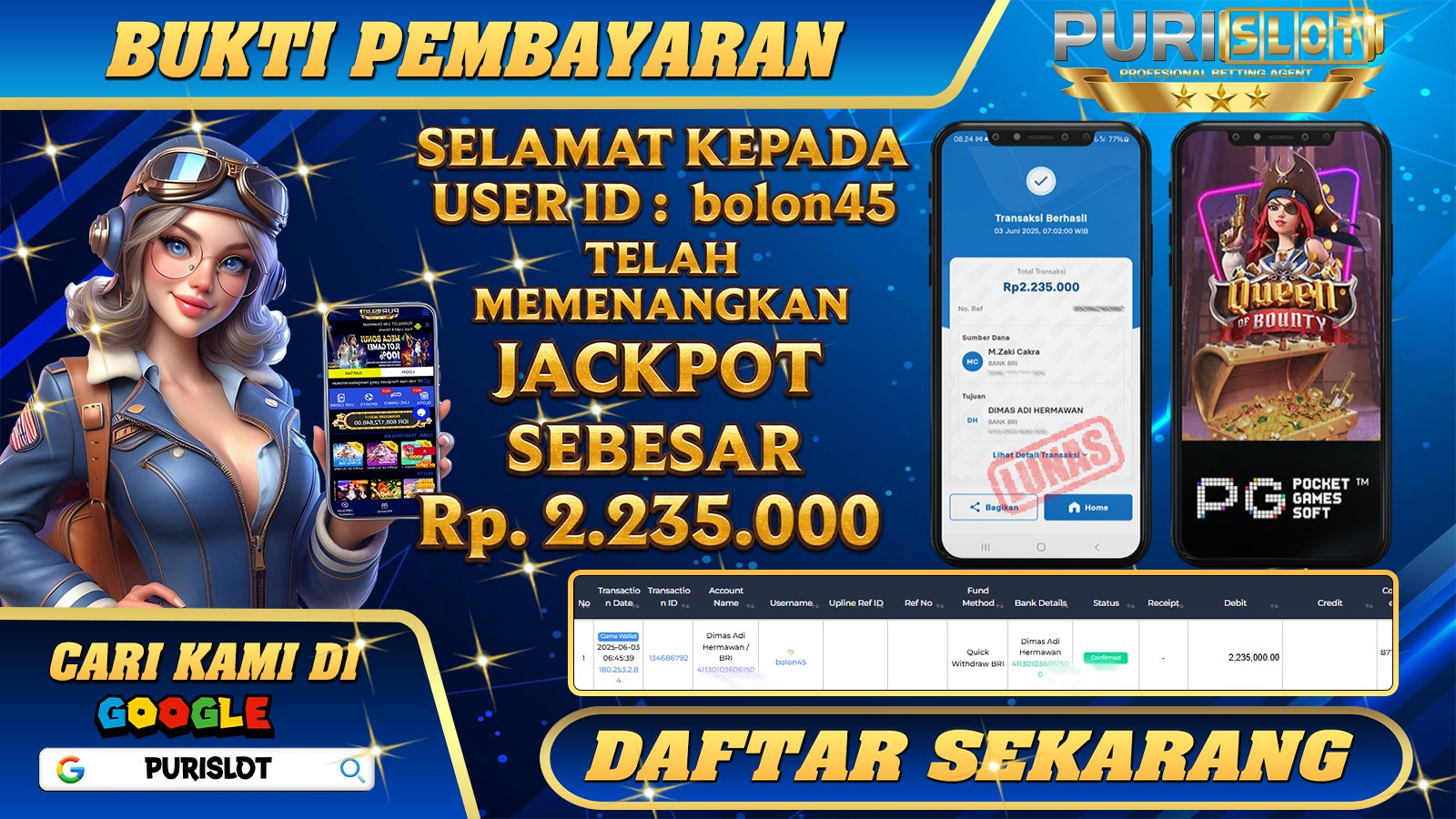 PURISLOT KEMENANGAN MEMBER GAMES SLOT QUEEN OF BOUNTY PGSOFT Rp. 2.235.000, - LUNAS