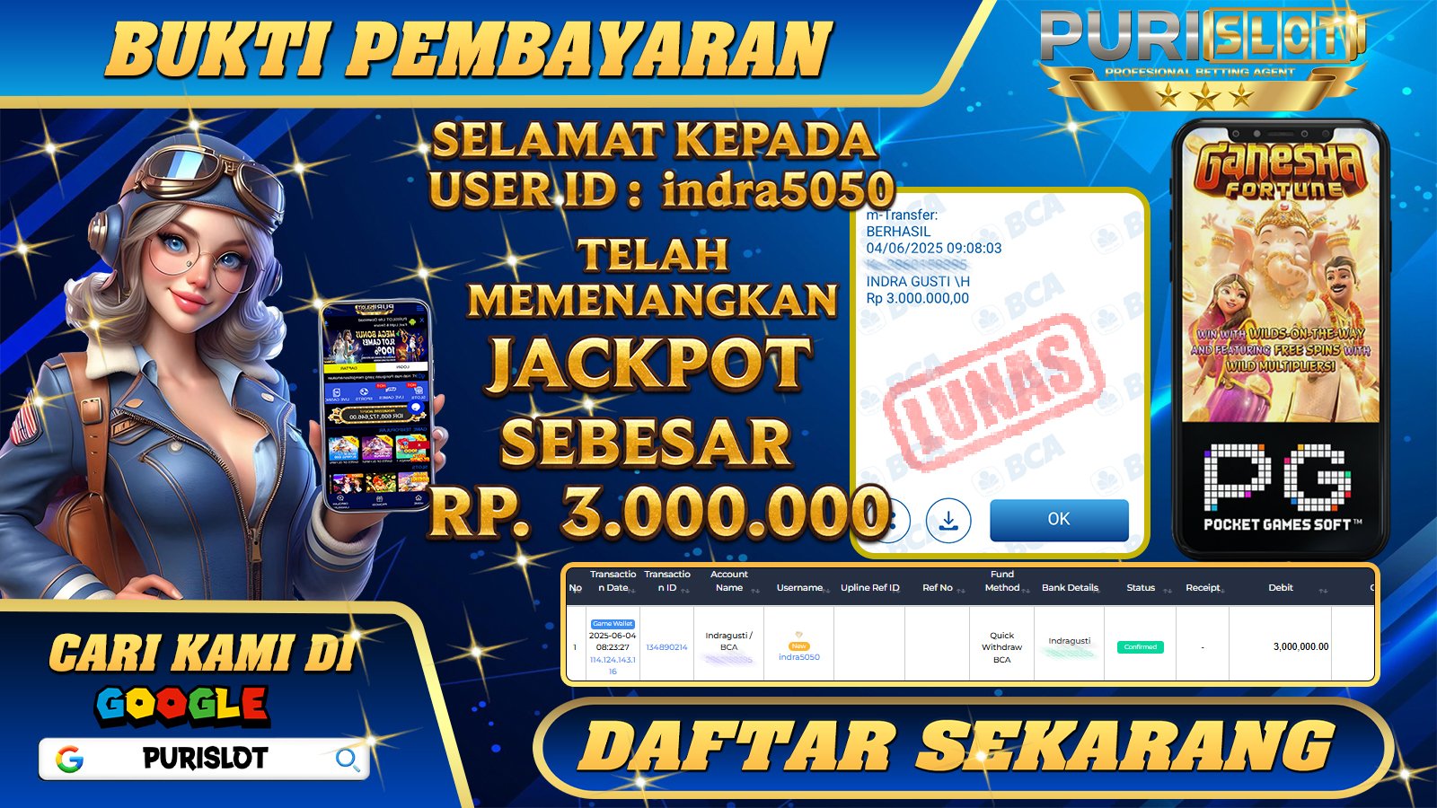 PURISLOT KEMENANGAN MEMBER GAMES SLOT GANESHA FORTUNE PGSOFT Rp. 3.000.000, - LUNAS