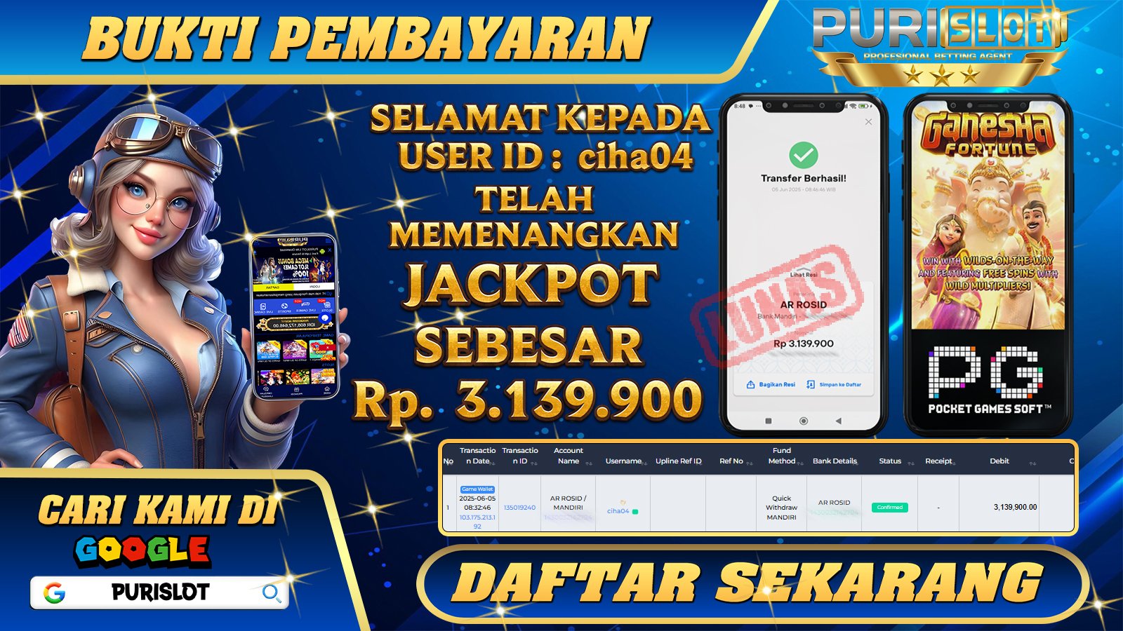 PURISLOT KEMENANGAN MEMBER GAMES SLOT AZTEC GAMES PRAGMATIC PLAY Rp. 3.139.900, - LUNAS