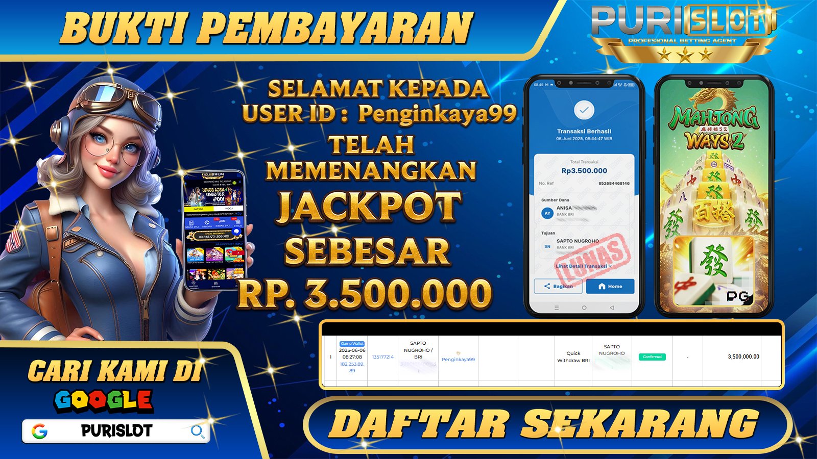 PURISLOT KEMENANGAN MEMBER GAMES SLOT MAHJONG WAYS 2 PGSOFT Rp. 3.500.000, - LUNAS