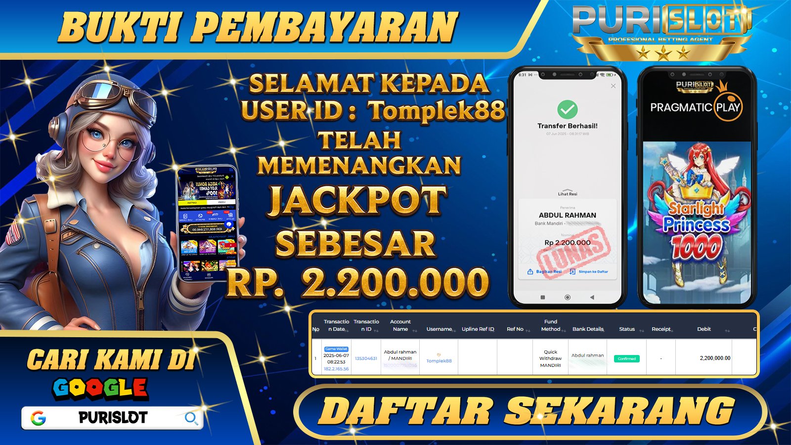 PURISLOT KEMENANGAN MEMBER GAMES SLOT STARLIGHT PRINCESS 1000 PRAGMATIC PLAY Rp. 2.200.000, - LUNAS
