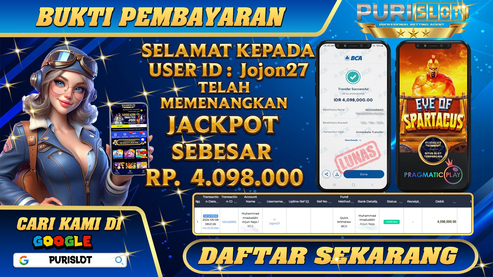 PURISLOT KEMENANGAN MEMBER GAMES SLOT EYE OF SPARTACUS PRAGMATIC PLAY Rp. 4.098.000, - LUNAS