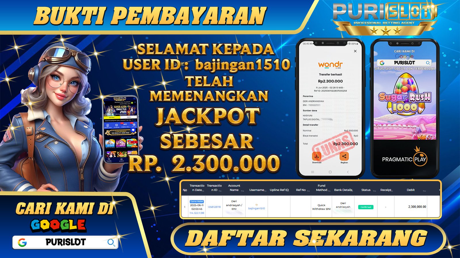 PURISLOT KEMENANGAN MEMBER GAMES SLOT SUGAR RUSH PRAGMATIC PLAY Rp. 2.300.000, - LUNAS