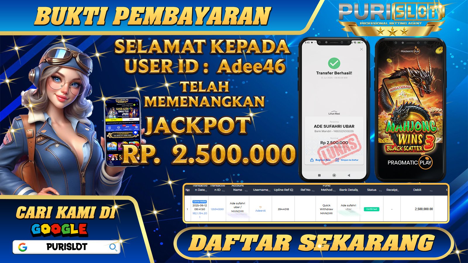 PURISLOT KEMENANGAN MEMBER GAMES SLOT MAHJONG WINS 3 BLACK SCATTER PRAGMATIC PLAY Rp. 2.500.000, - LUNAS