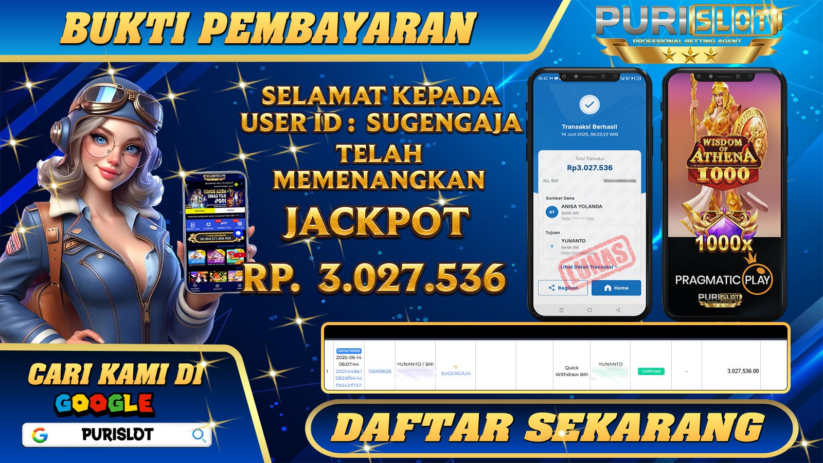 PURISLOT KEMENANGAN MEMBER GAMES SLOT WISDOM OF ATHENA PRAGMATIC PLAY Rp. 3.027.536, - LUNAS