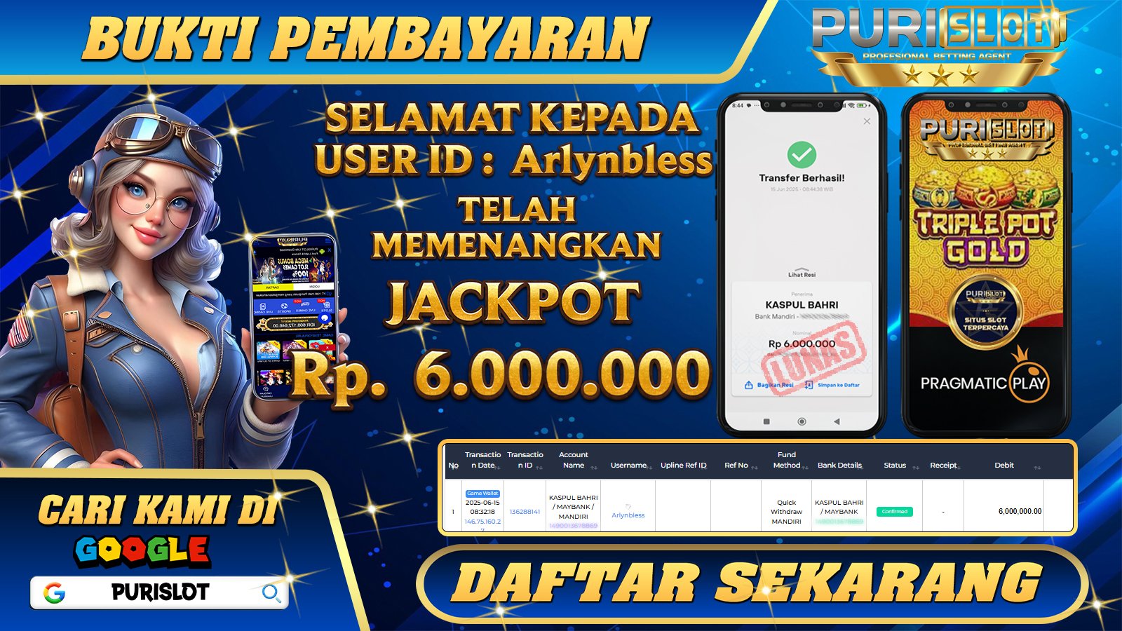 PURISLOT KEMENANGAN MEMBER GAMES SLOT TRIPLE POT GOLD PRAGMATIC PLAY Rp. 6.000.000, - LUNAS
