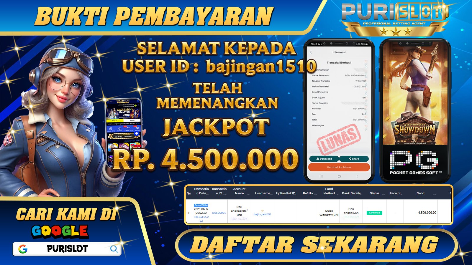 PURISLOT KEMENANGAN MEMBER GAMES SLOT WILD BOUNTY SHOWDOWN PGSFOT Rp. 4.500.000, - LUNAS