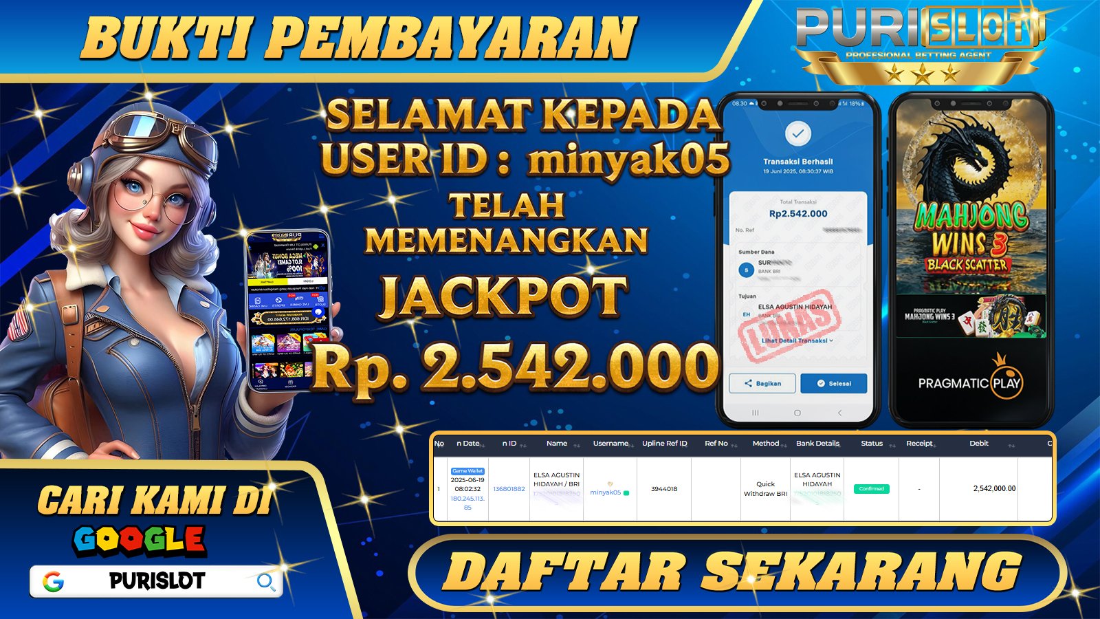 PURISLOT KEMENANGAN MEMBER GAMES SLOT MAHJONG WINS 3 PRAGMATIC PLAY Rp. 2.542.000, - LUNAS