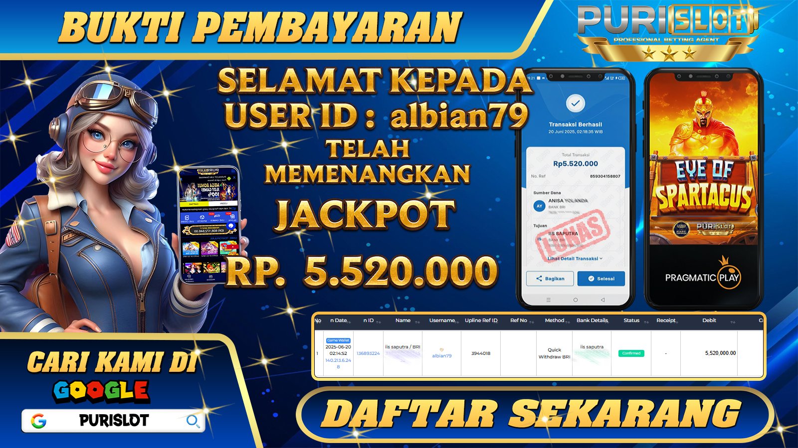 PURISLOT KEMENANGAN MEMBER GAMES SLOT EYE OF SPARTACUS PRAGMATIC PLAY Rp. 5.520.000, - LUNAS
