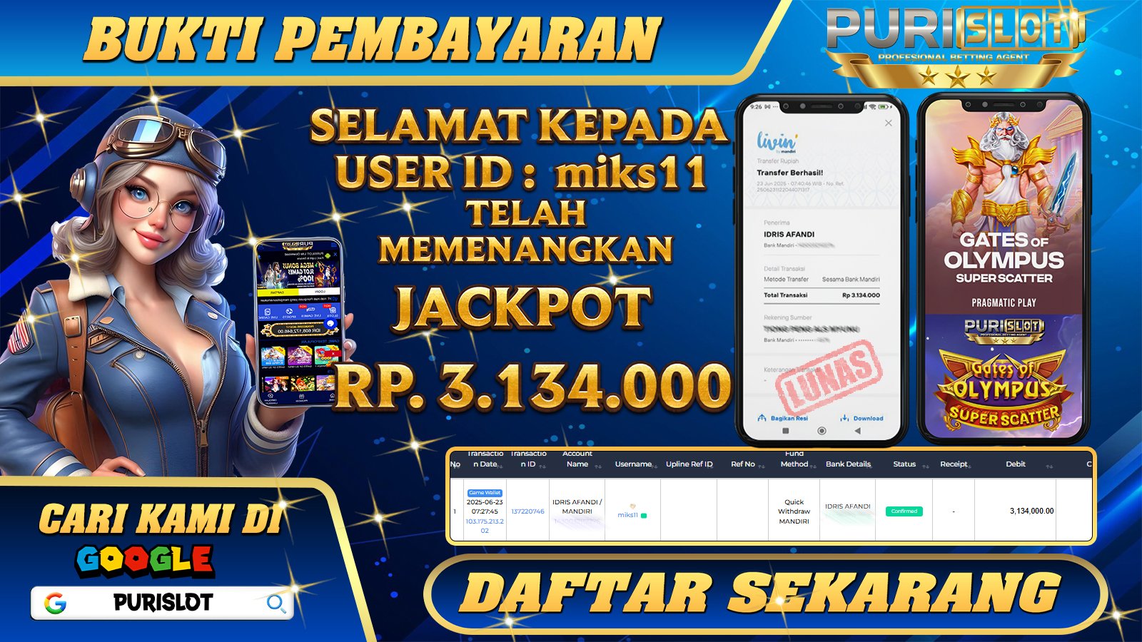 PURISLOT KEMENANGAN MEMBER GAMES SLOT GATES OF OLYMPUS SUPER SCATTER PRAGMATIC PLAY Rp. 3.134.000, - LUNAS