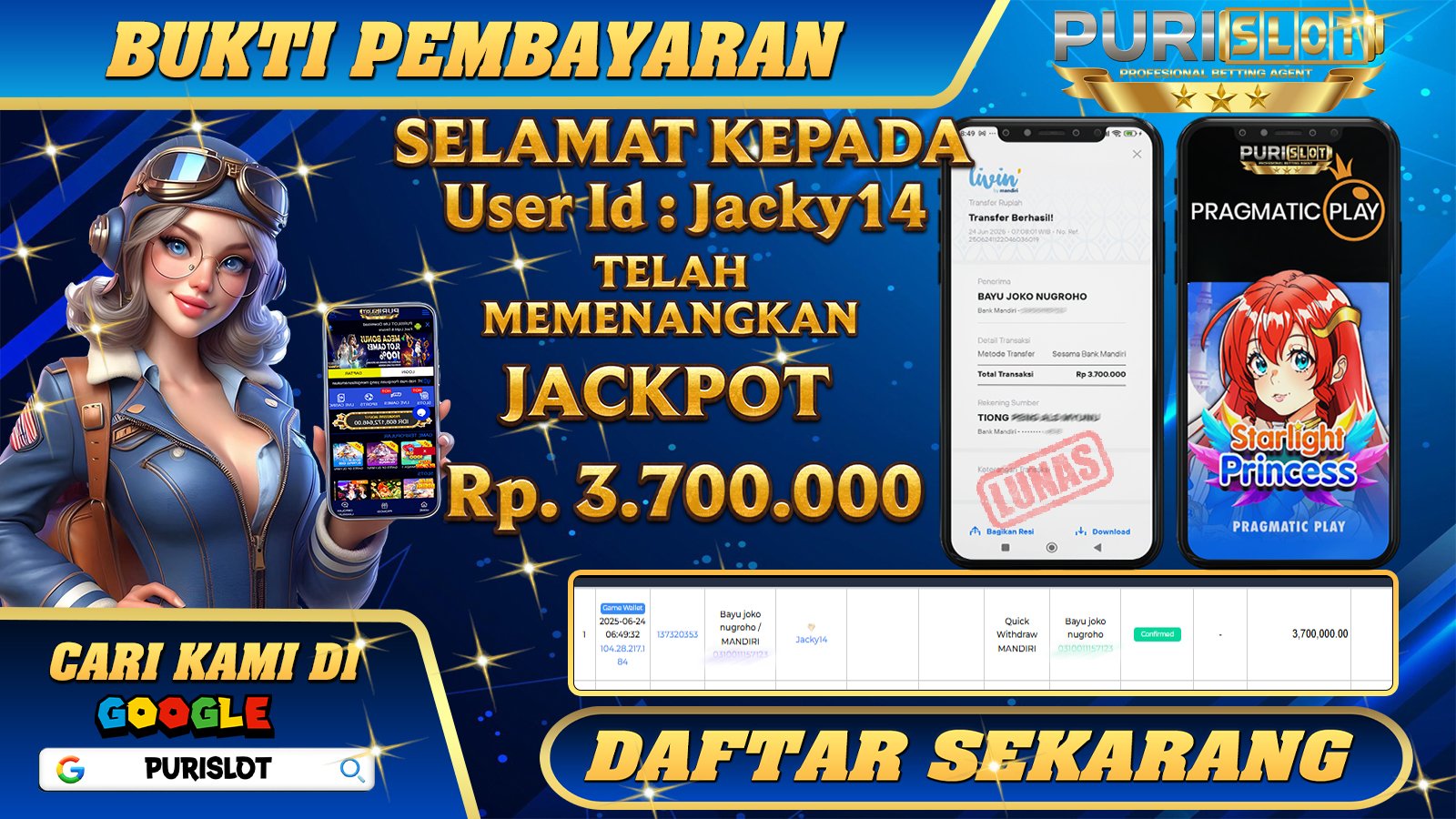 PURISLOT KEMENANGAN MEMBER GAMES SLOT STARLIGHT PRINCESS PRAGMATIC PLAY Rp. 3.700.000, - LUNAS