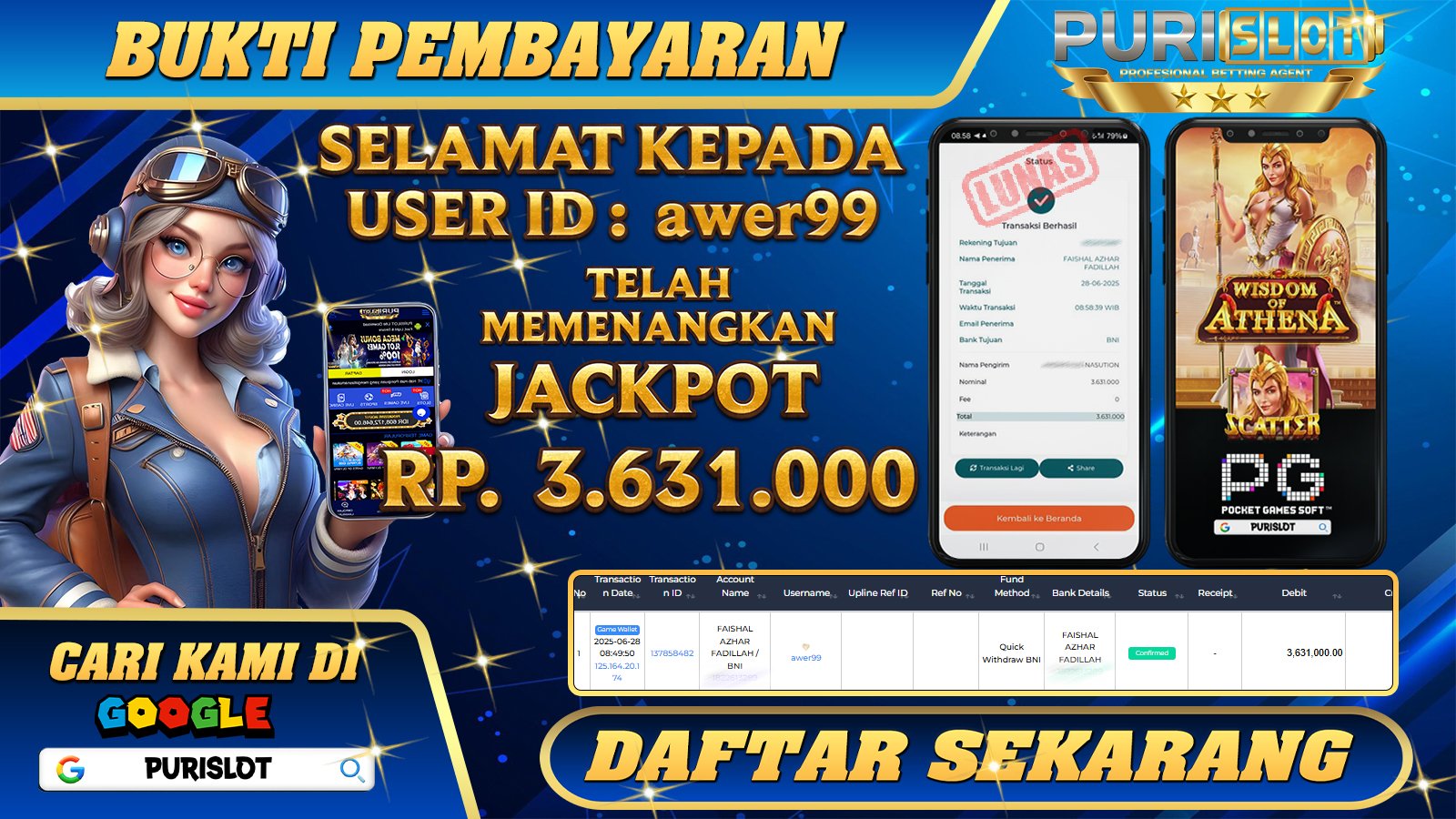 PURISLOT KEMENANGAN MEMBER GAMES SLOT WISDOM OF ATHENA PRAGMATIC PLAY Rp. 3.631.000, - LUNAS