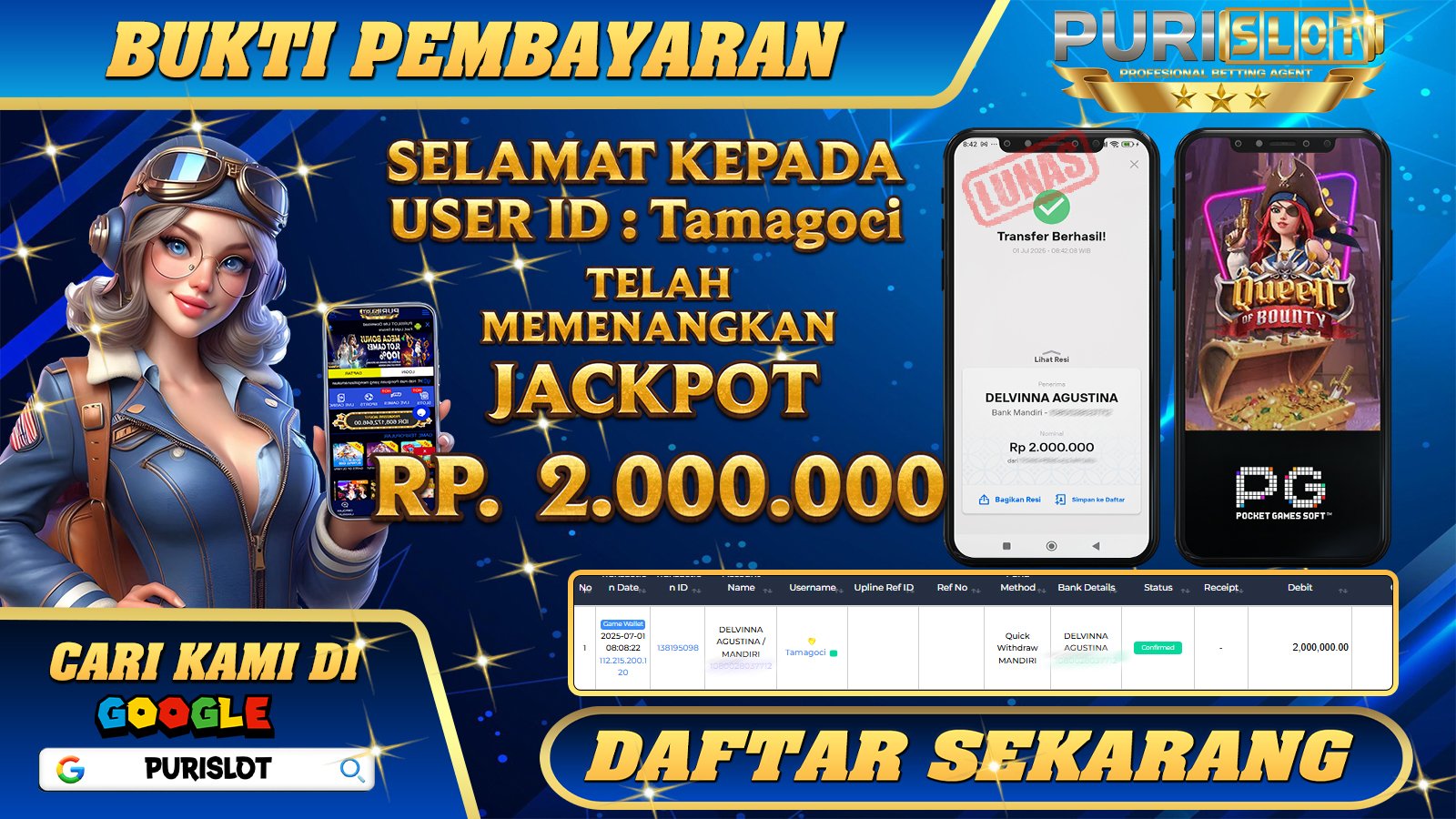 PURISLOT KEMENANGAN MEMBER GAMES SLOT QUEEN OF BOUNTY PGSOFT Rp. 2.000.000, - LUNAS
