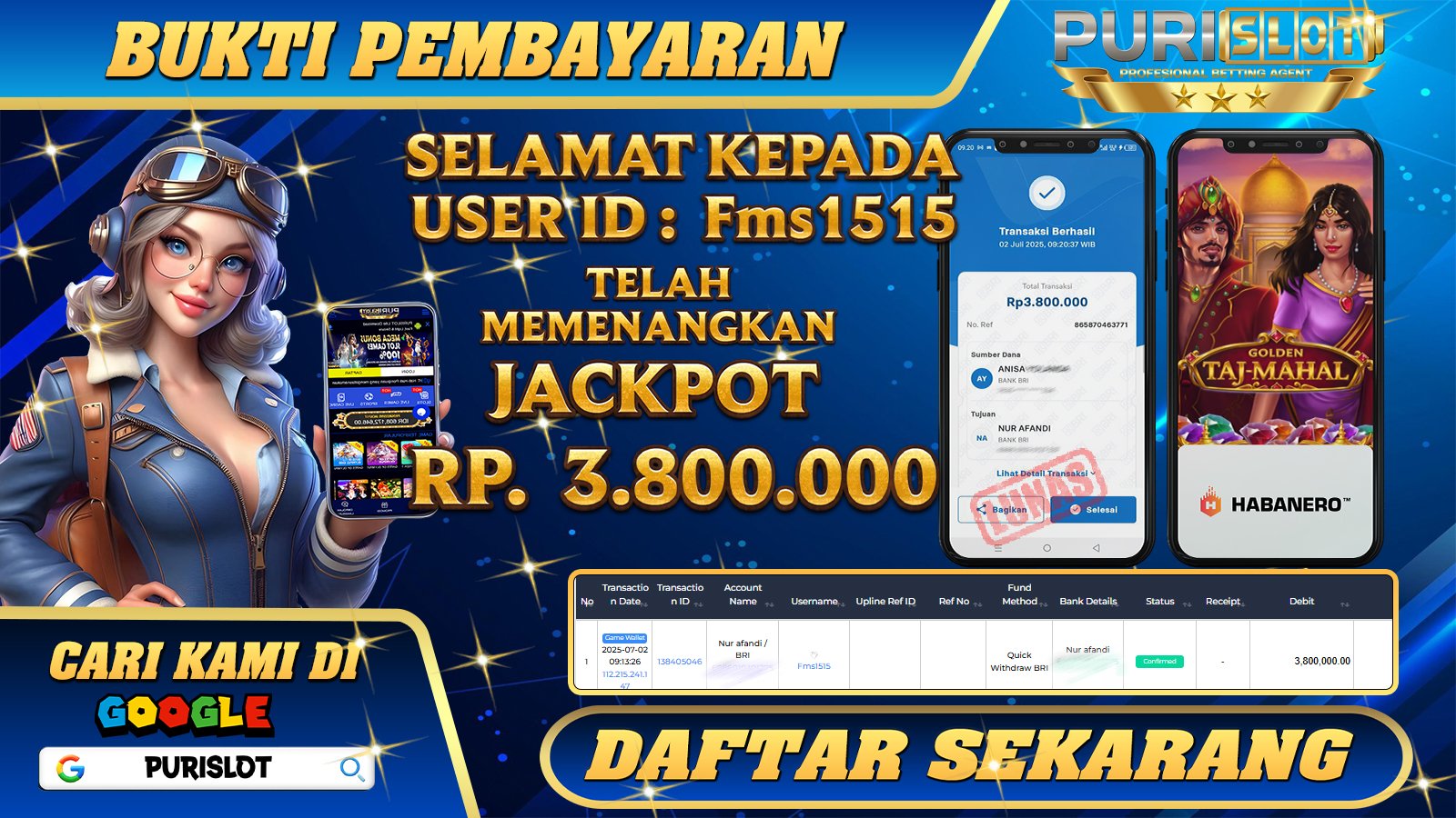 PURISLOT - KEMENANGAN MEMBER GAMES SLOT GOLDEN TAJ MAHAL HABANERO Rp. 3.800.000, - LUNAS