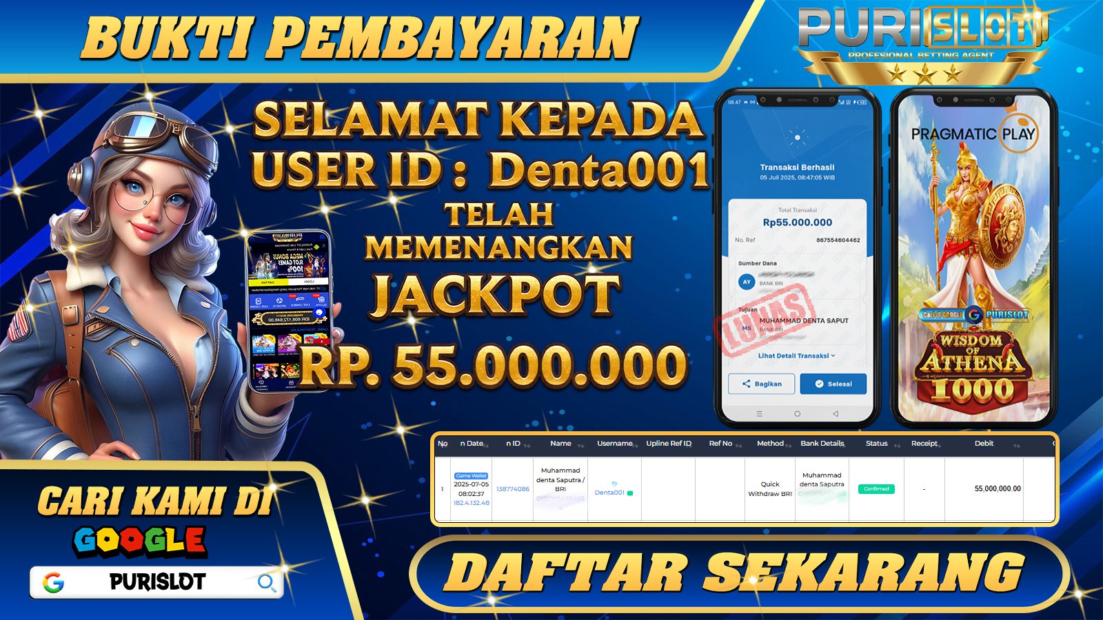 PURISLOT - KEMENANGAN MEMBER GAMES SLOT WISDOM OF ATHENA 1000 PRAGMATIC PLAY Rp. 55.000.000, - LUNAS