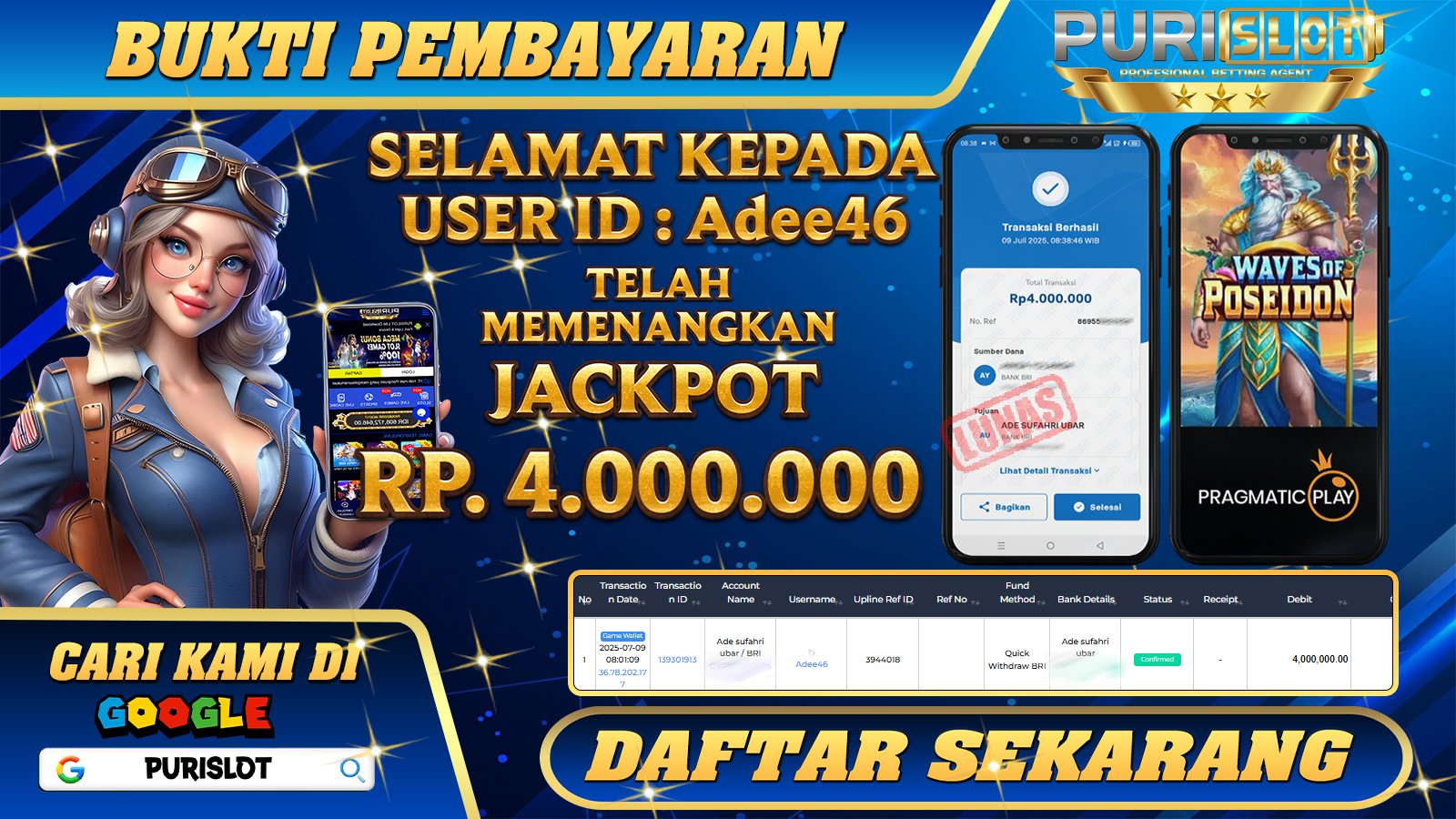 PURISLOT - KEMENANGAN MEMBER GAMES SLOT WAVES OF POSEIDON PRAGMATIC PLAY Rp. 4.000.000, - LUNAS