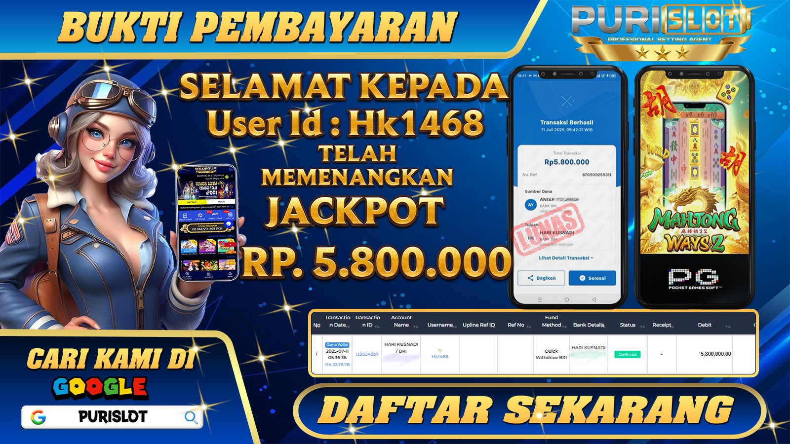 PURISLOT - KEMENANGAN MEMBER GAMES SLOT MAHJONG WAYS PGSOFT Rp. 5.800.000, - LUNAS