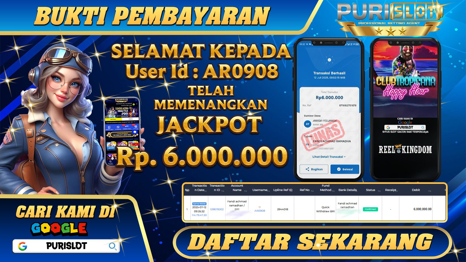 PURISLOT - KEMENANGAN MEMBER GAMES SLOT CLUBTROPICANA HAPPY HOUR RELL KINGDOM Rp. 6.000.000, - LUNAS