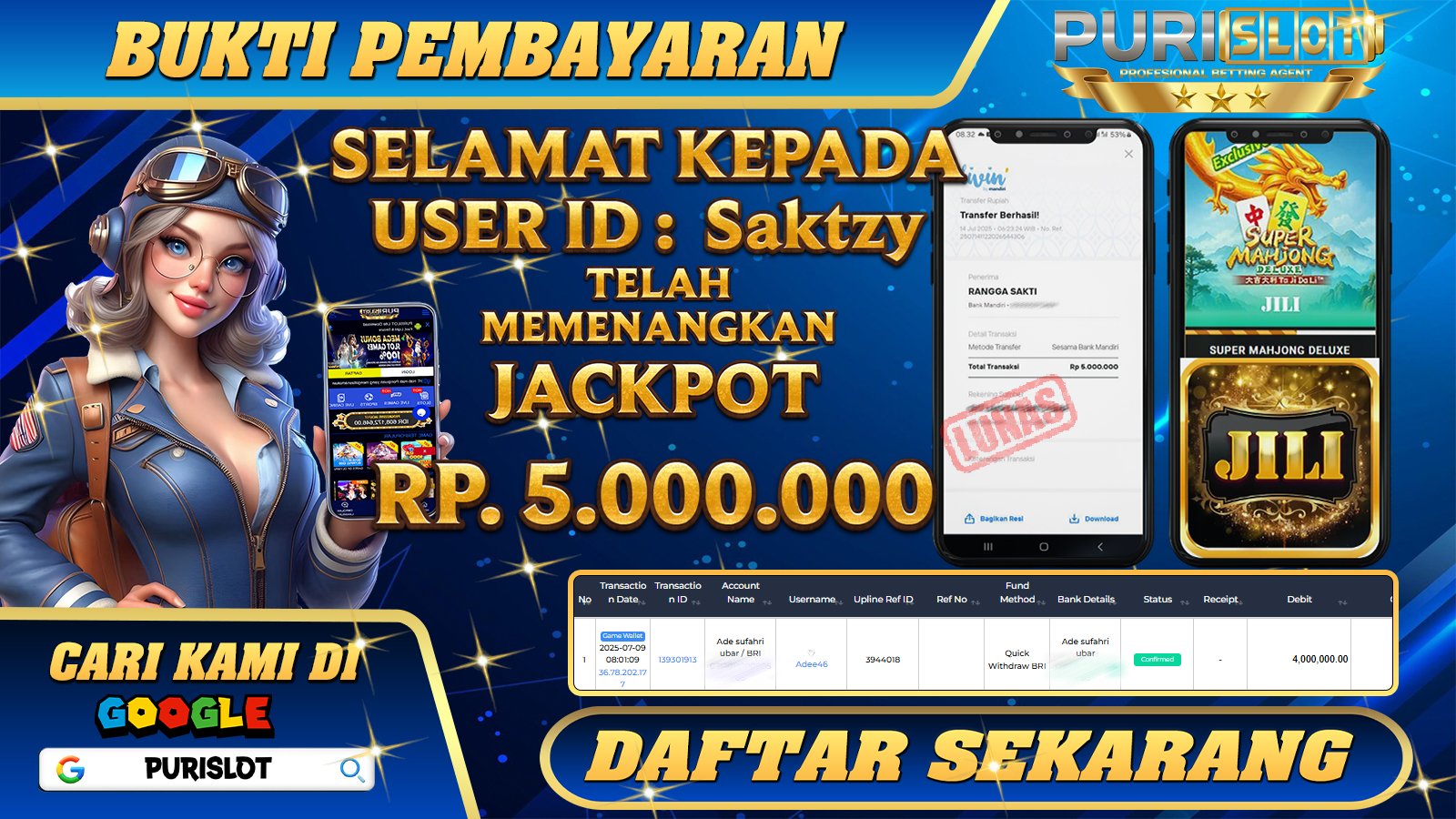 PURISLOT - KEMENANGAN MEMBER GAMES SLOT SUPER MAHJONG DELUXE JILI Rp. 5.000.000, - LUNAS